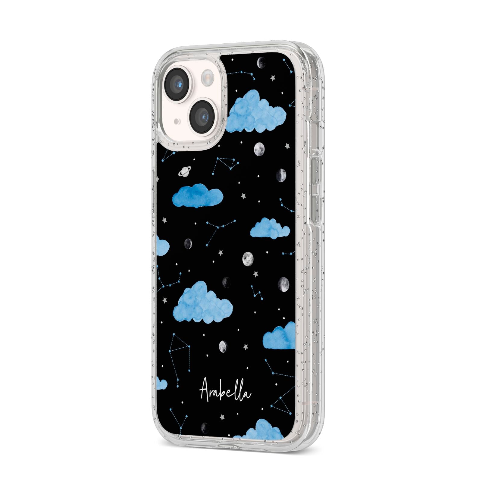 Cloudy Night Sky with Name iPhone 14 Glitter Tough Case Starlight Angled Image