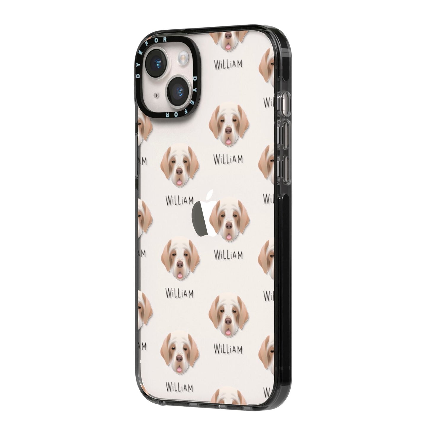 Clumber Spaniel Icon with Name iPhone 14 Plus Black Impact Case Side Angle on Silver phone