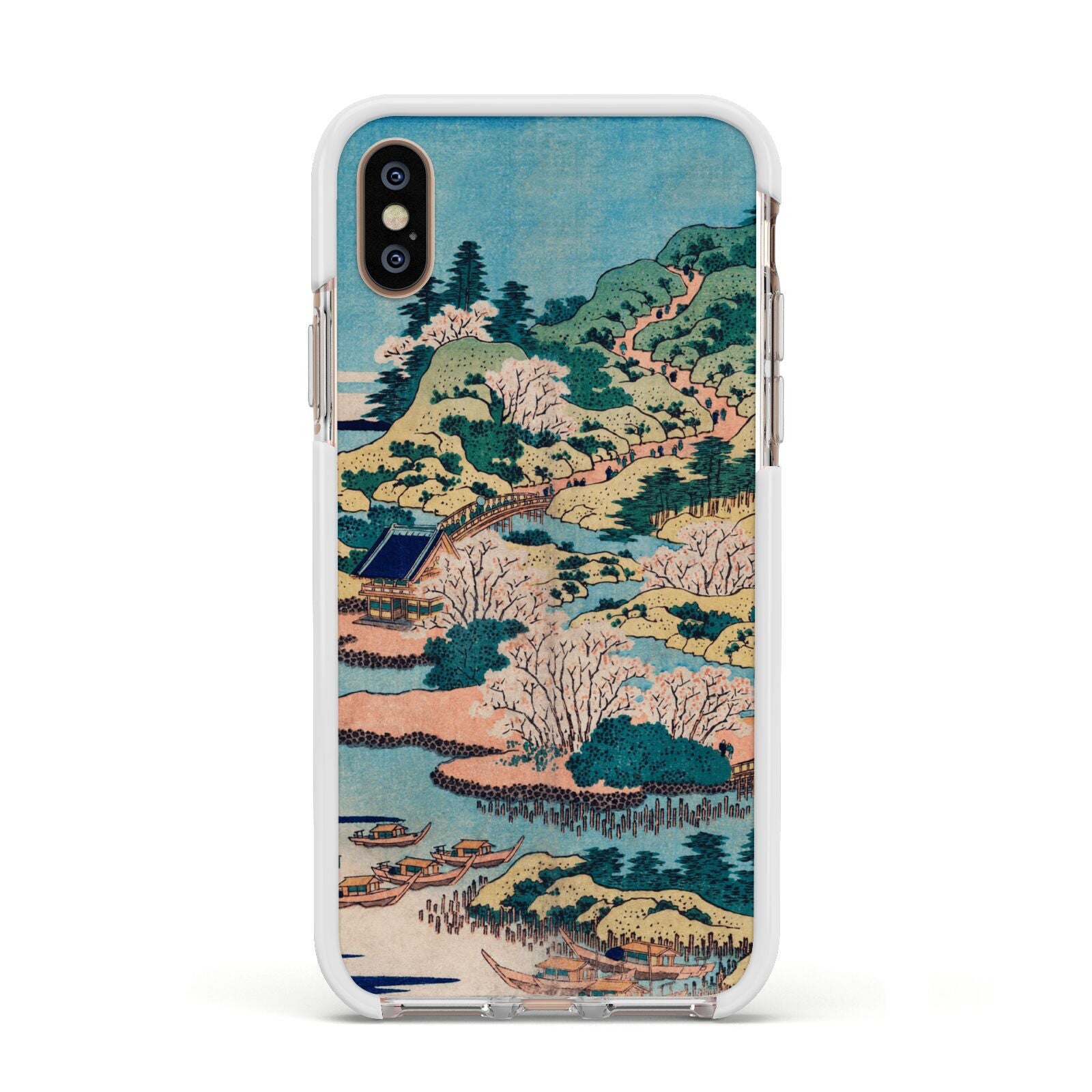 Coastal Community By Katsushika Hokusai Apple iPhone Xs Impact Case White Edge on Gold Phone