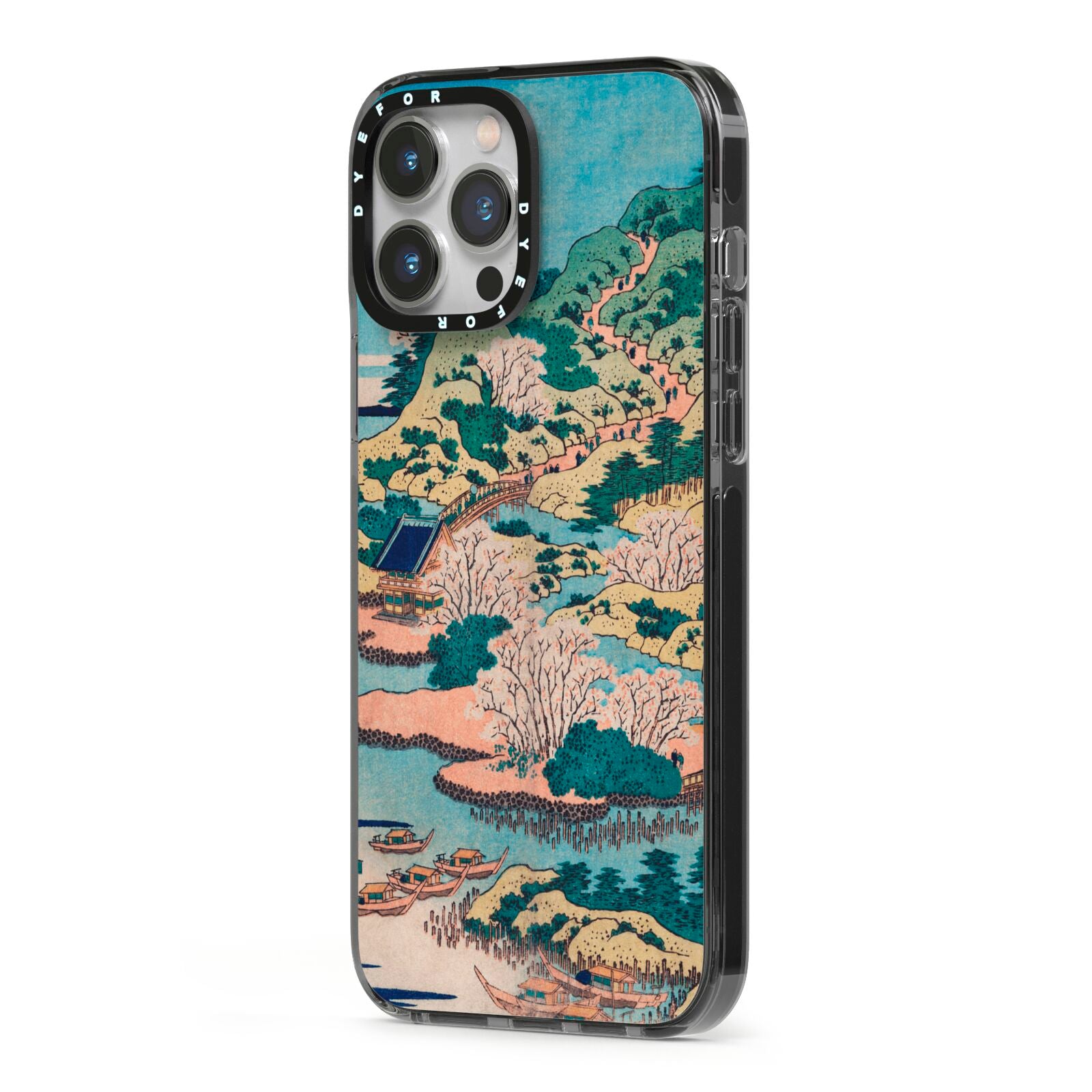 Coastal Community By Katsushika Hokusai iPhone 13 Pro Max Black Impact Case Side Angle on Silver phone