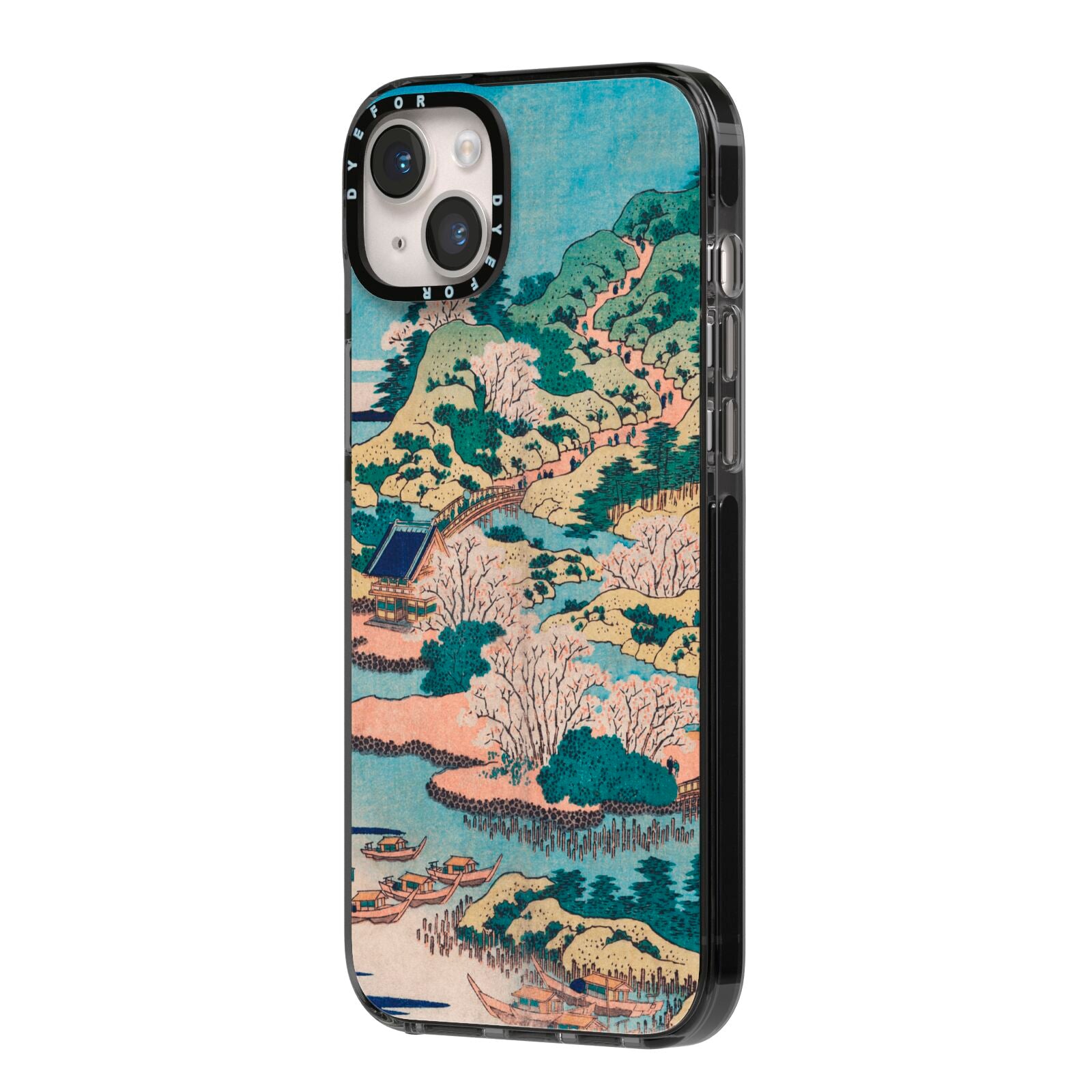 Coastal Community By Katsushika Hokusai iPhone 14 Plus Black Impact Case Side Angle on Silver phone