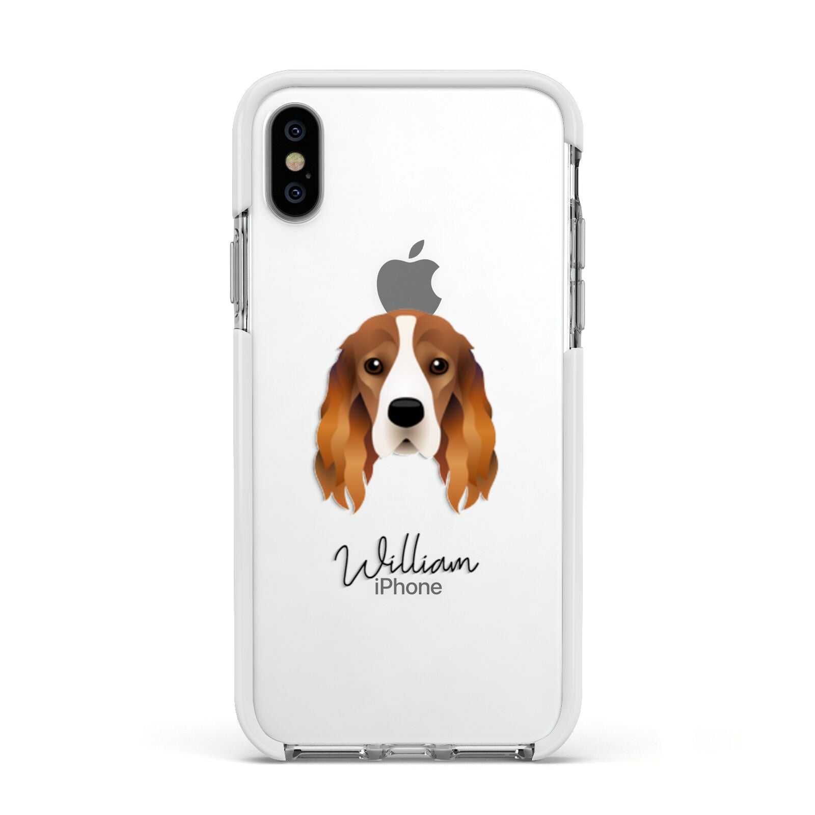 Cocker Spaniel Personalised Apple iPhone Xs Impact Case White Edge on Silver Phone