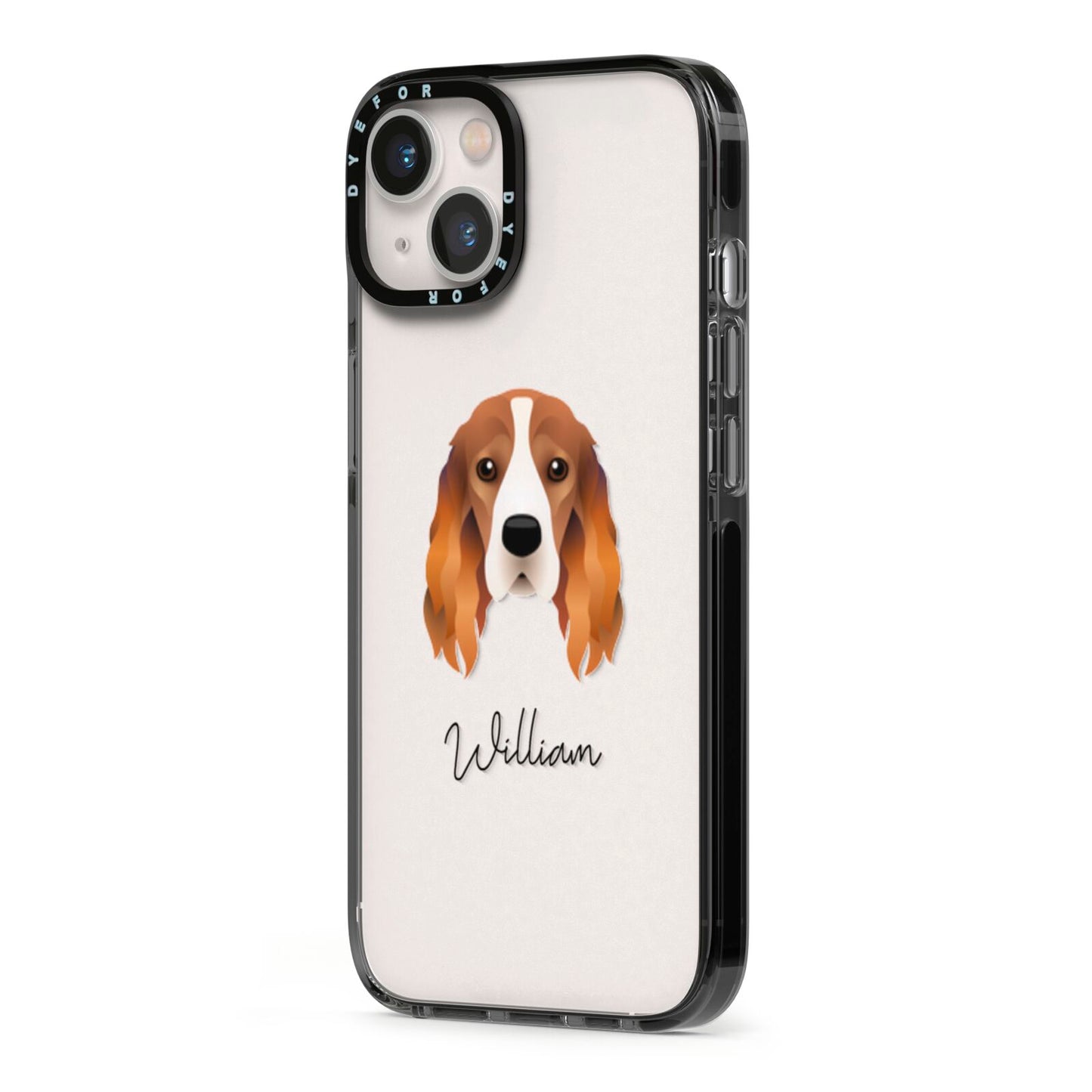Cocker Spaniel Personalised iPhone 13 Black Impact Case Side Angle on Silver phone