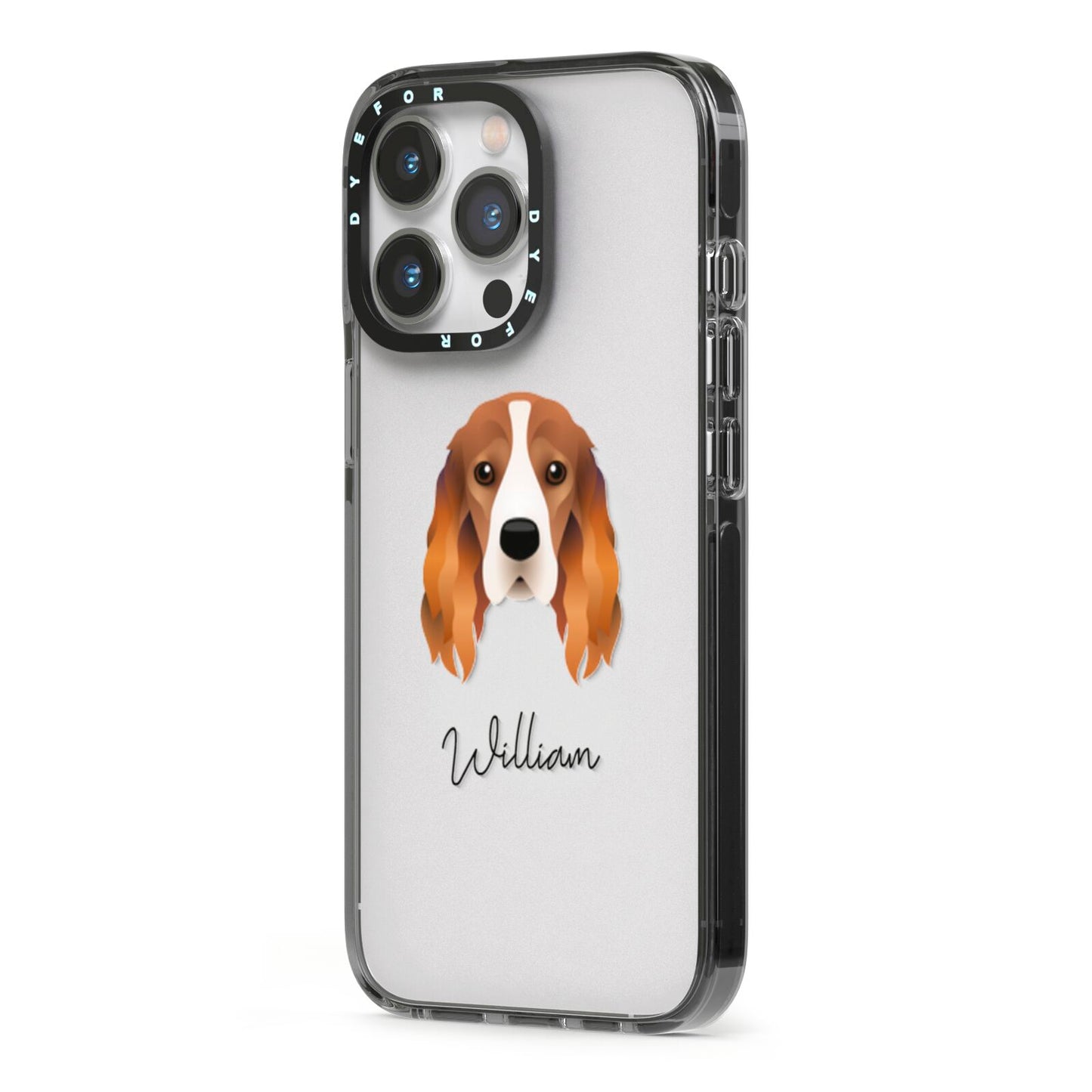 Cocker Spaniel Personalised iPhone 13 Pro Black Impact Case Side Angle on Silver phone