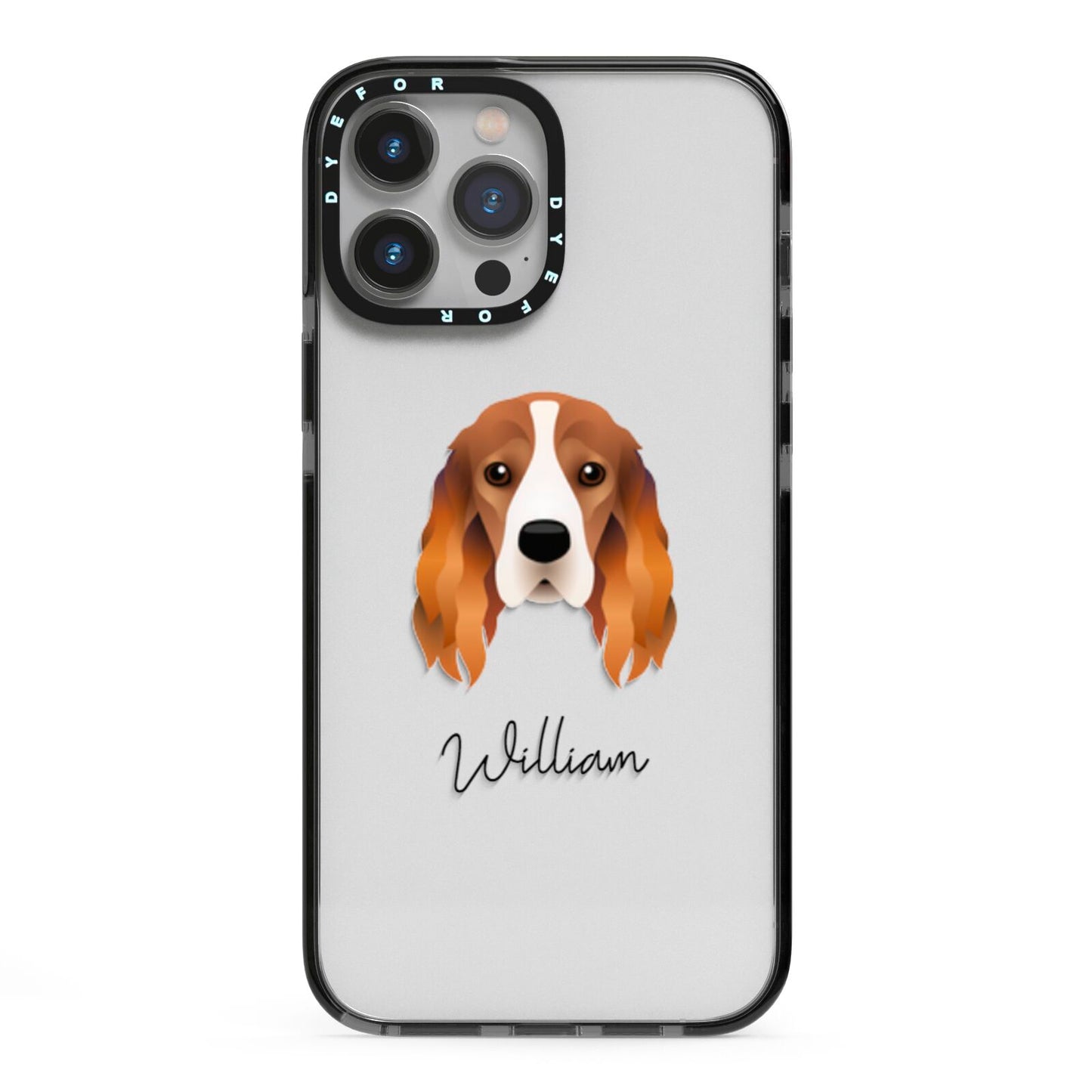 Cocker Spaniel Personalised iPhone 13 Pro Max Black Impact Case on Silver phone