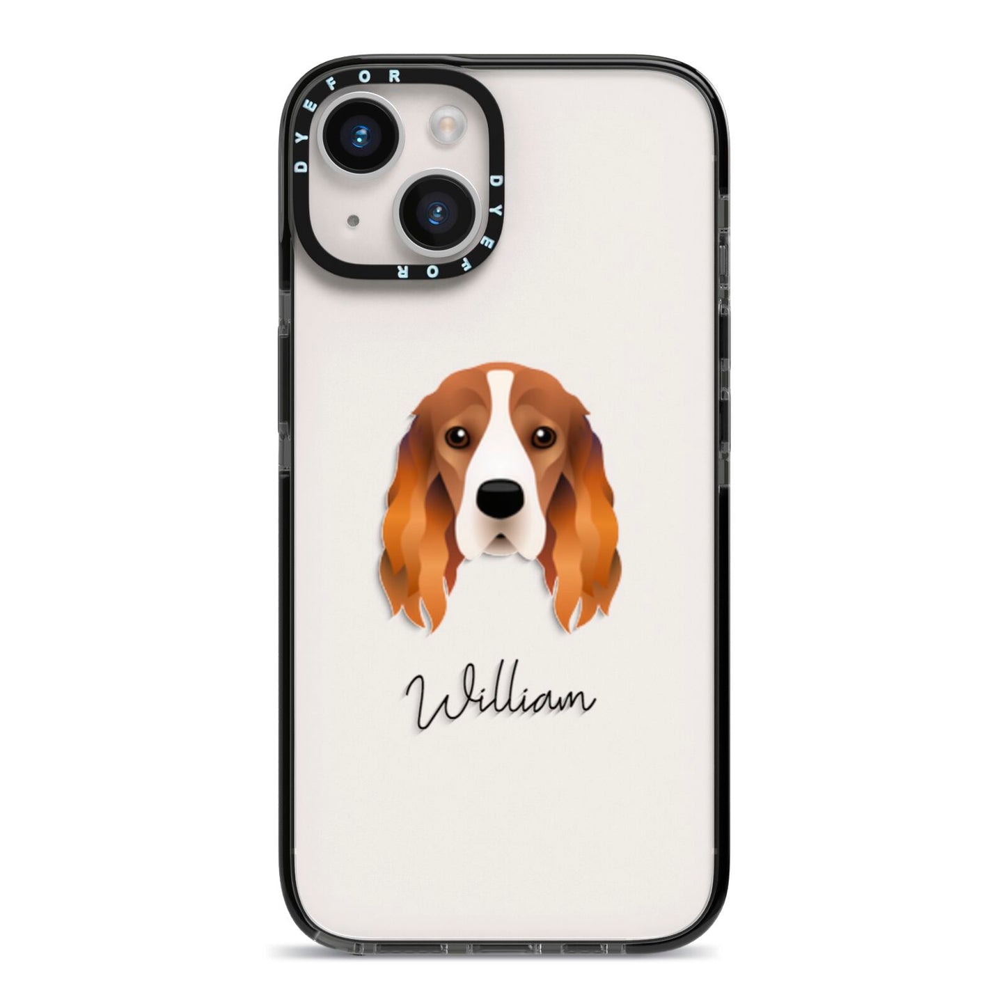 Cocker Spaniel Personalised iPhone 14 Black Impact Case on Silver phone