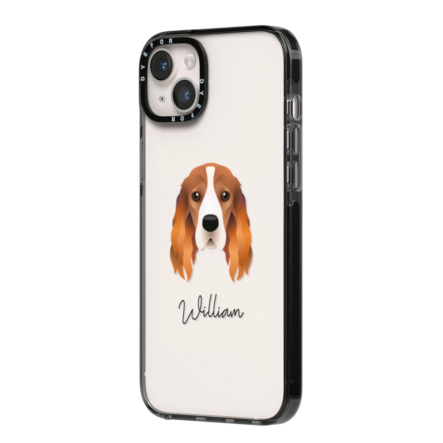 Cocker Spaniel Personalised iPhone 14 Plus Black Impact Case Side Angle on Silver phone