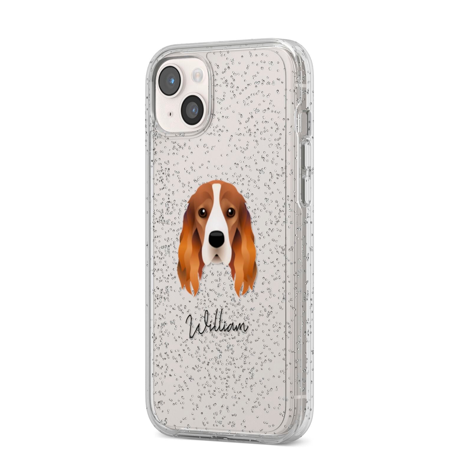 Cocker Spaniel Personalised iPhone 14 Plus Glitter Tough Case Starlight Angled Image