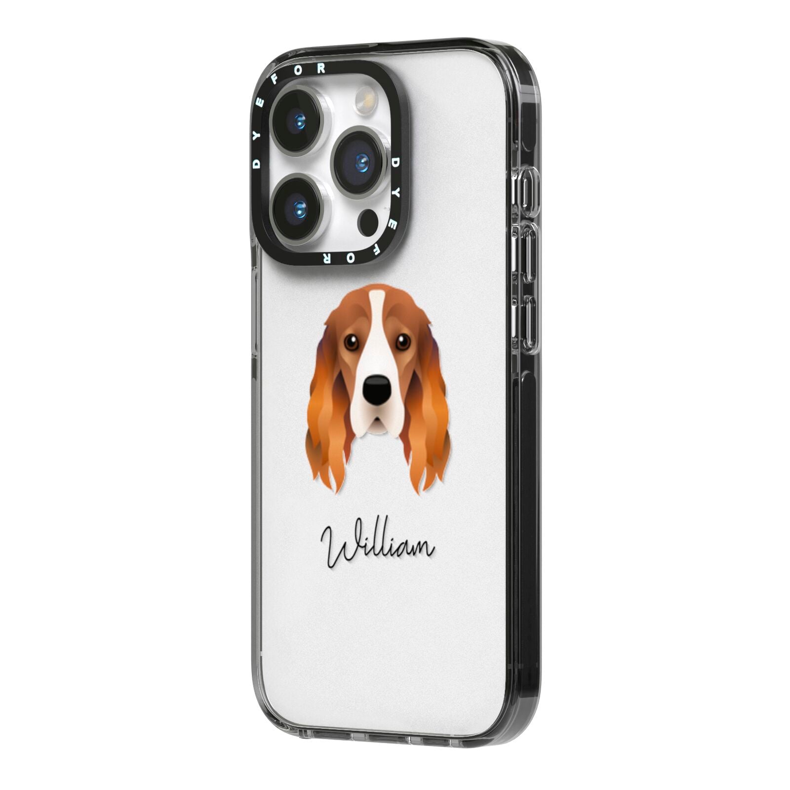 Cocker Spaniel Personalised iPhone 14 Pro Black Impact Case Side Angle on Silver phone