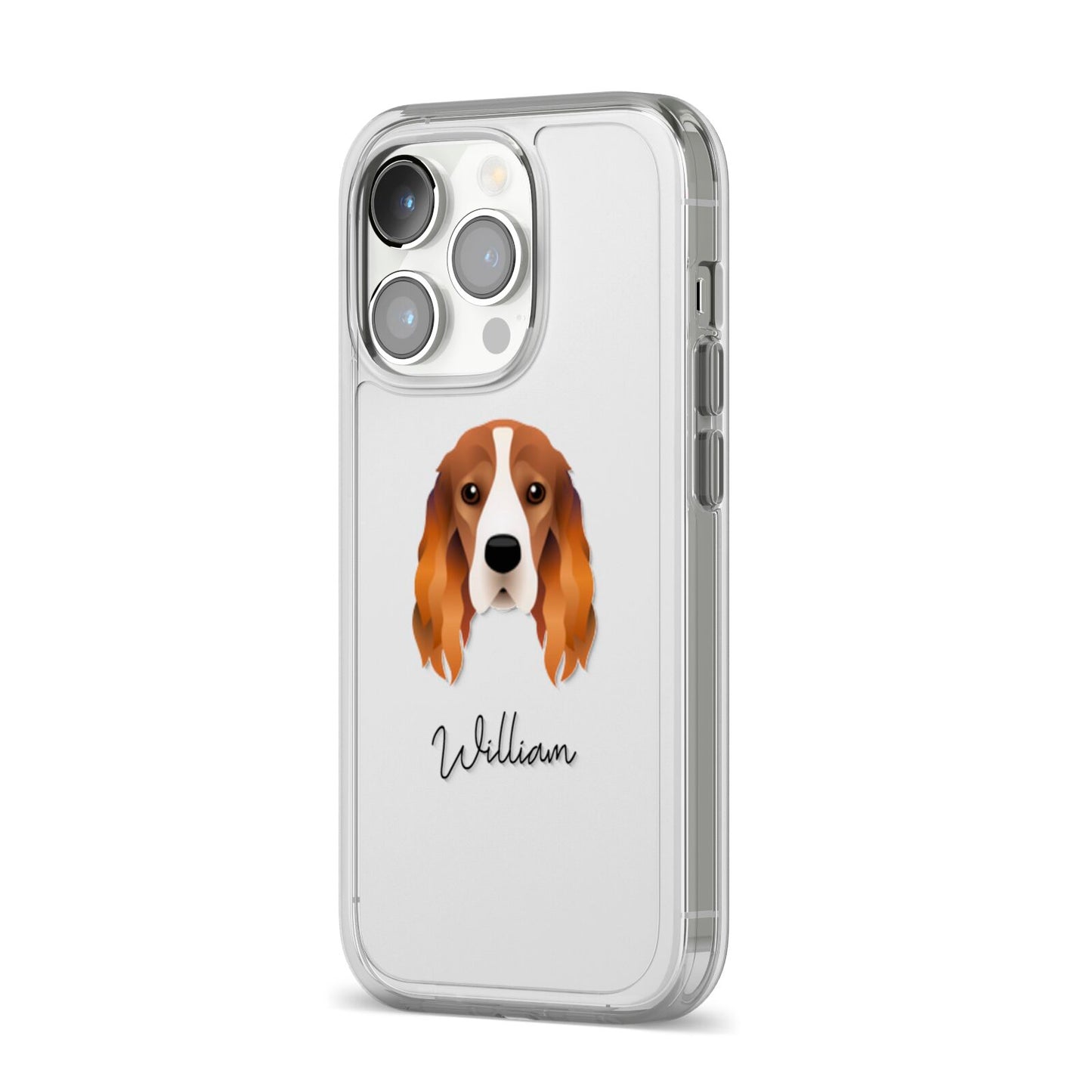 Cocker Spaniel Personalised iPhone 14 Pro Clear Tough Case Silver Angled Image