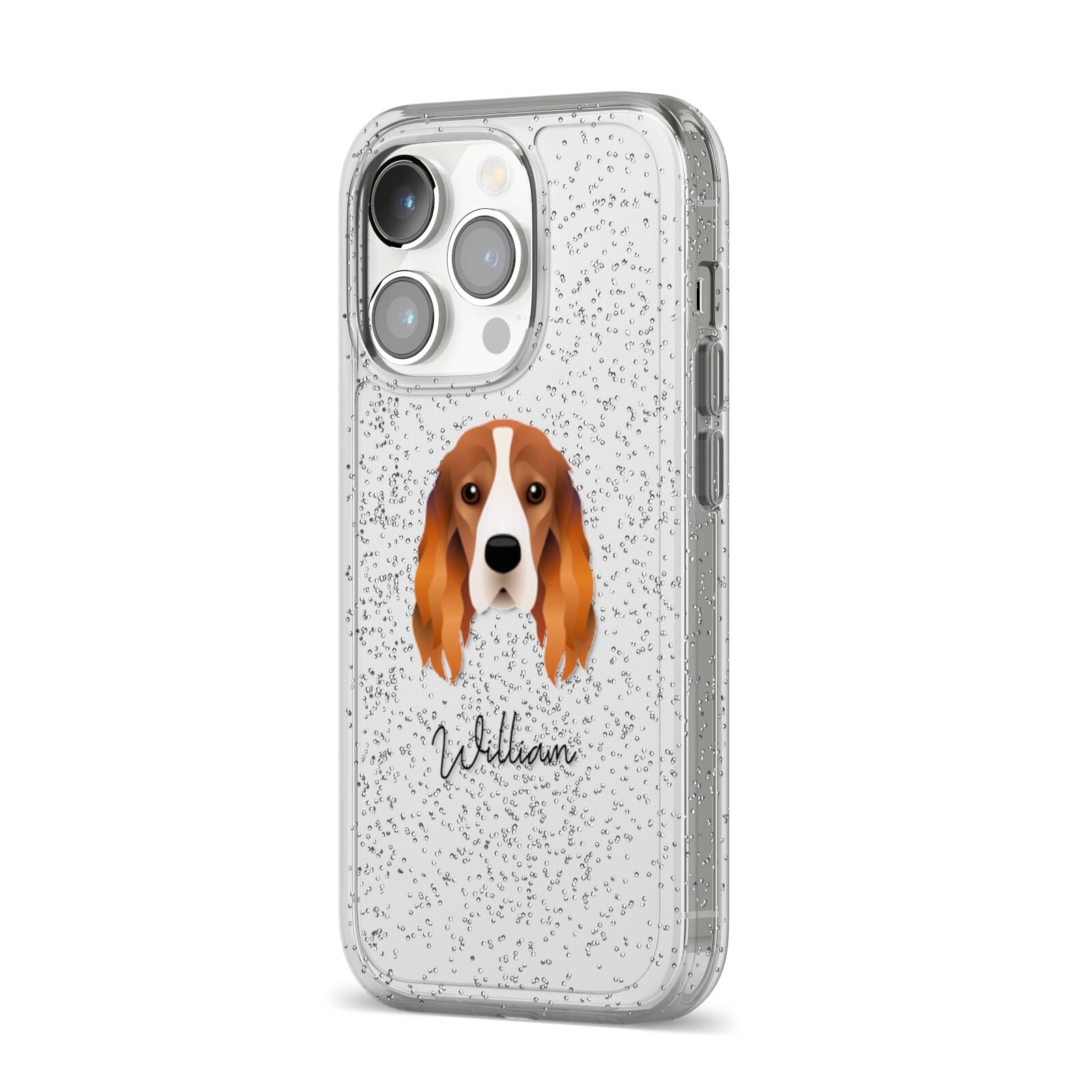 Cocker Spaniel Personalised iPhone 14 Pro Glitter Tough Case Silver Angled Image