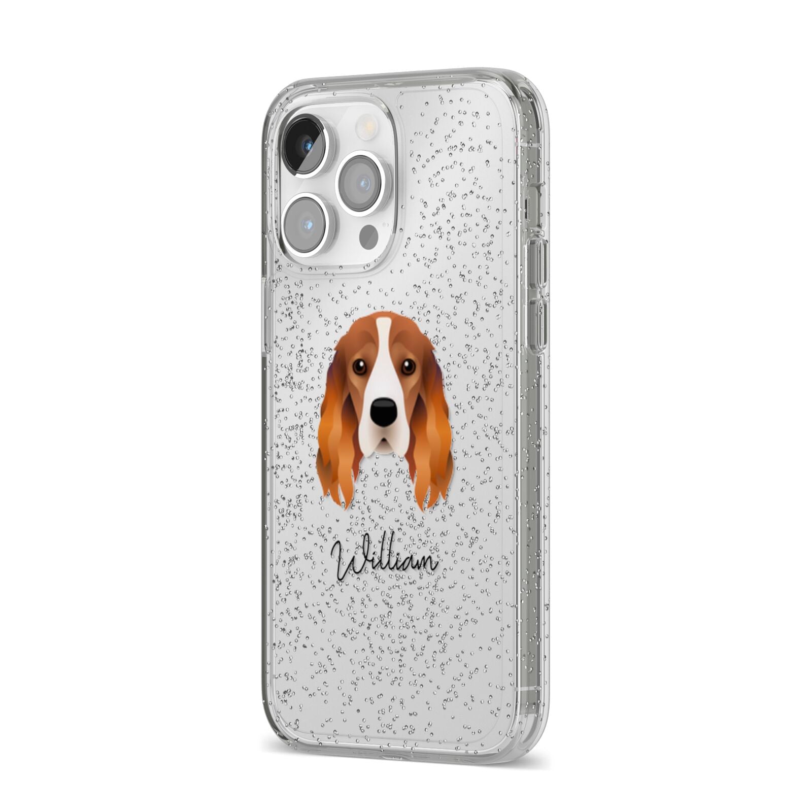 Cocker Spaniel Personalised iPhone 14 Pro Max Glitter Tough Case Silver Angled Image