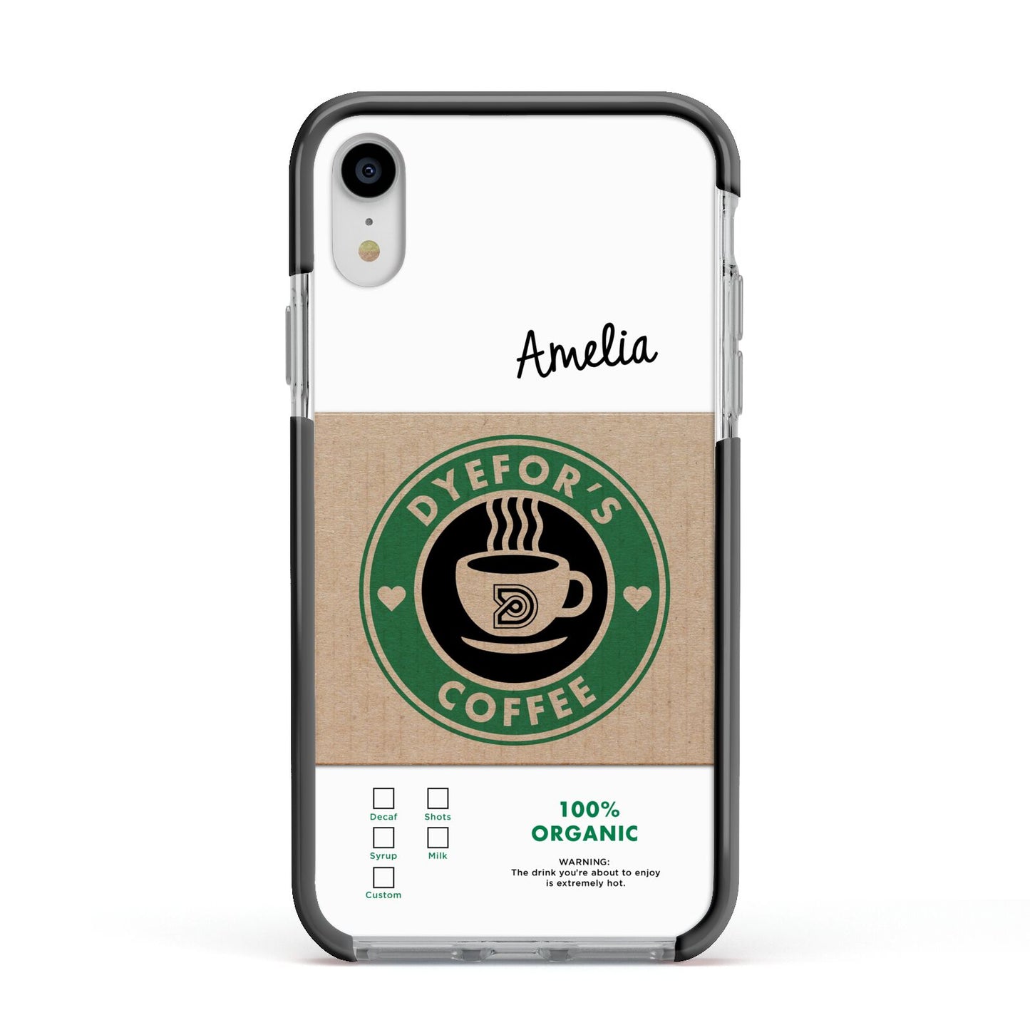 Coffee Cup Personalised Apple iPhone XR Impact Case Black Edge on Silver Phone