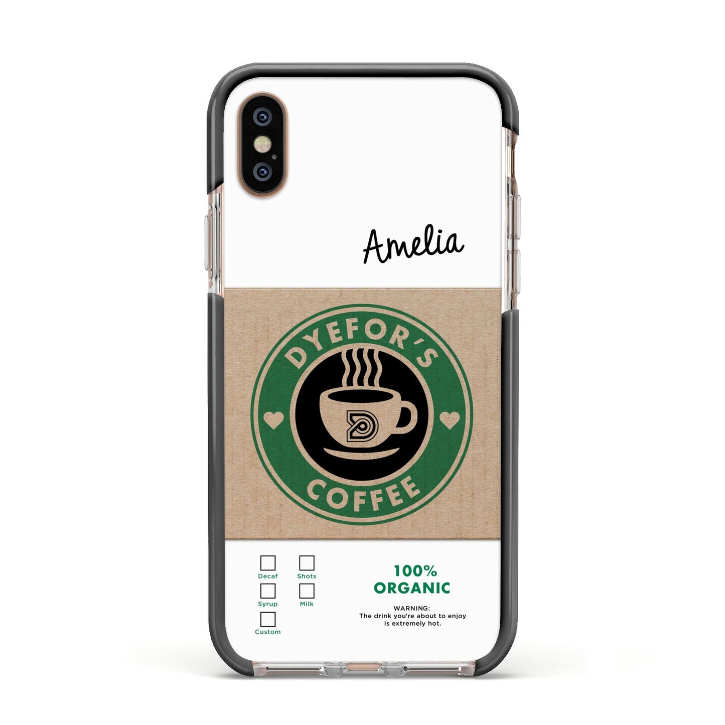 Coffee Cup Personalised Apple iPhone Xs Impact Case Black Edge on Gold Phone