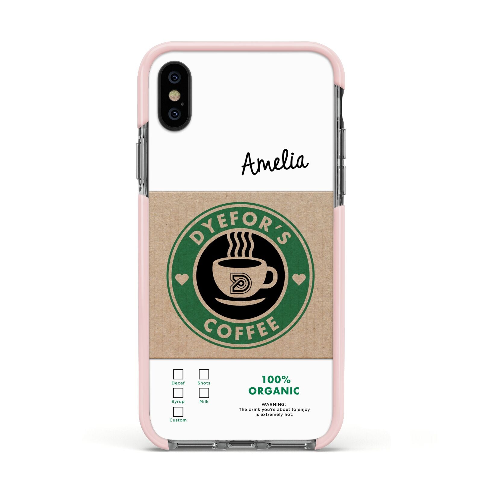 Coffee Cup Personalised Apple iPhone Xs Impact Case Pink Edge on Black Phone