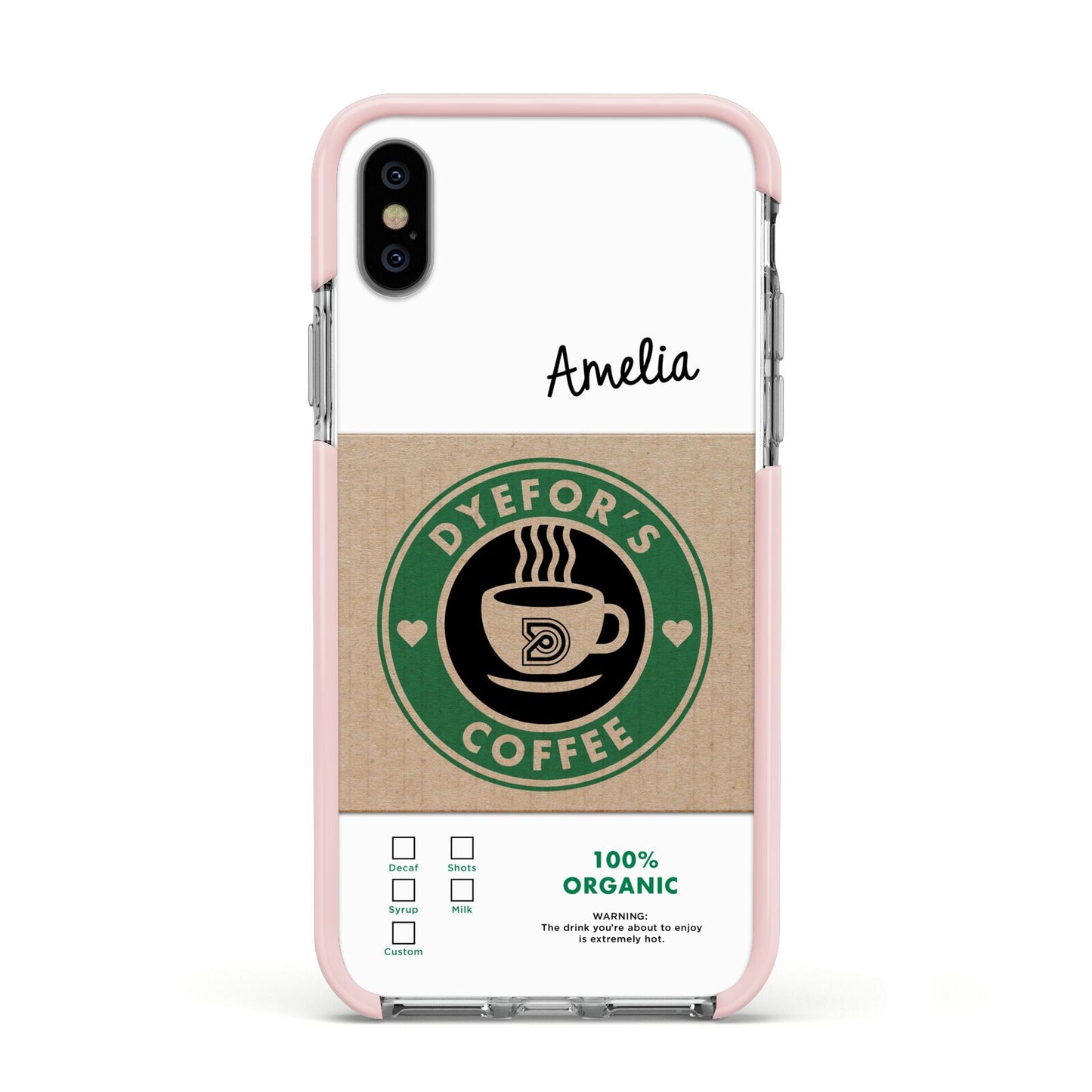 Coffee Cup Personalised Apple iPhone Xs Impact Case Pink Edge on Silver Phone