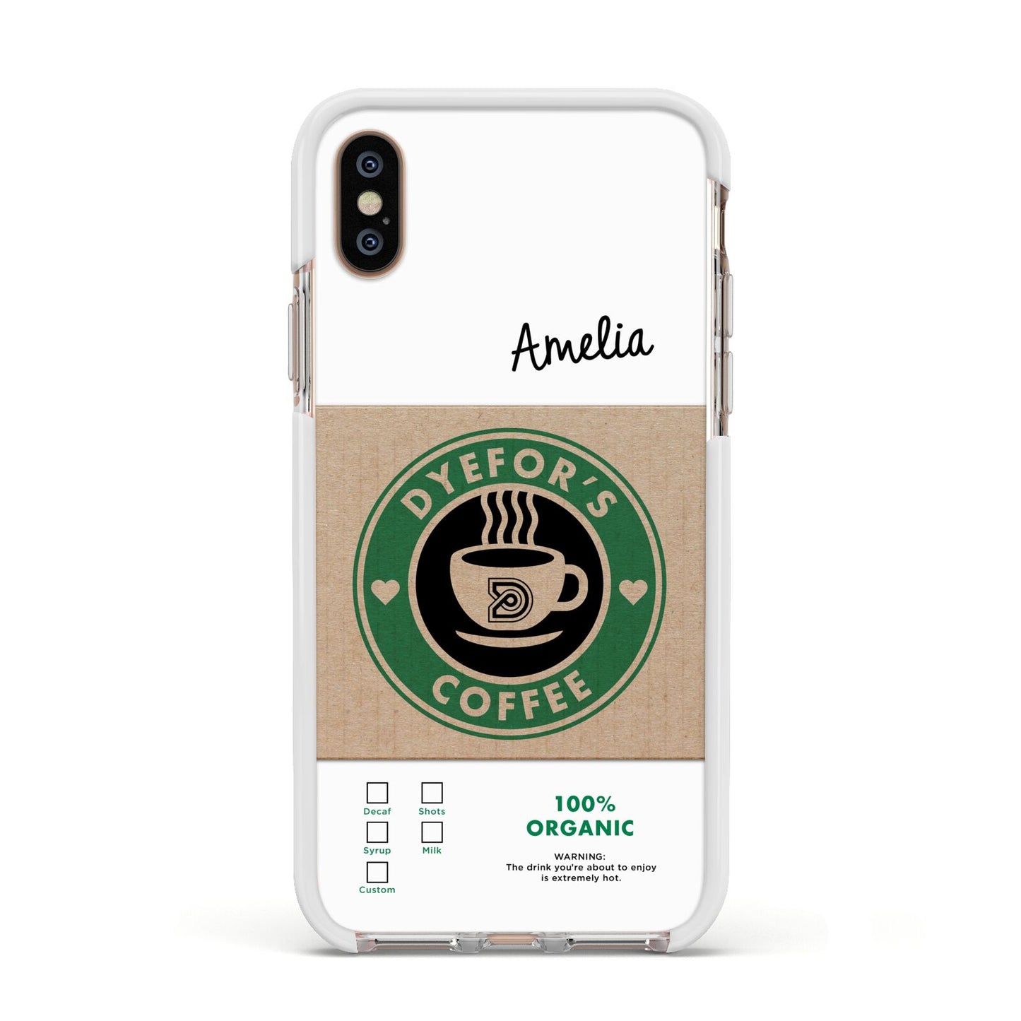 Coffee Cup Personalised Apple iPhone Xs Impact Case White Edge on Gold Phone