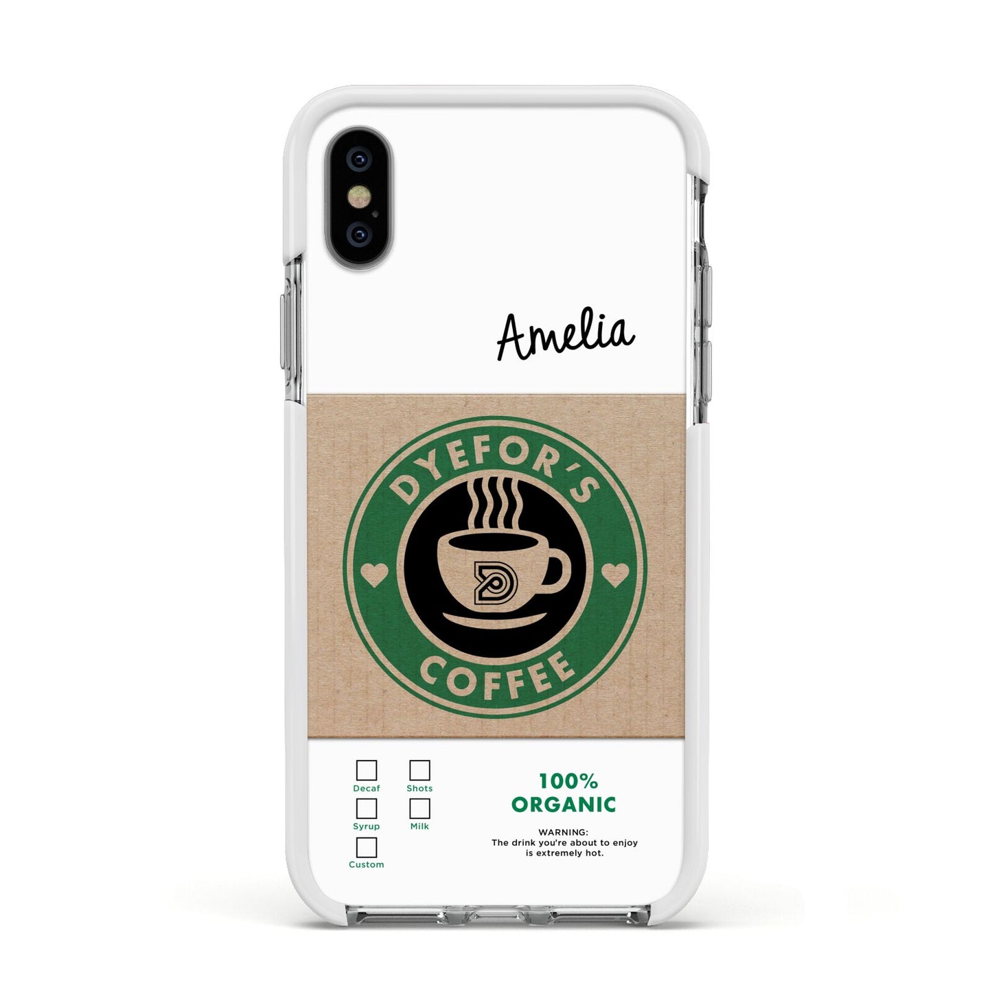 Coffee Cup Personalised Apple iPhone Xs Impact Case White Edge on Silver Phone