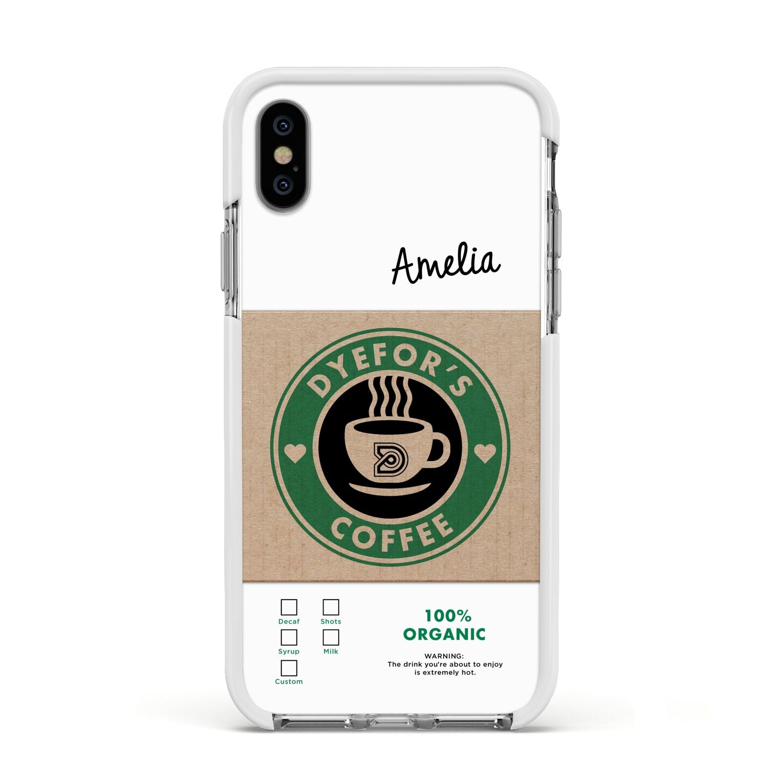 Coffee Cup Personalised Apple iPhone Xs Impact Case White Edge on Silver Phone