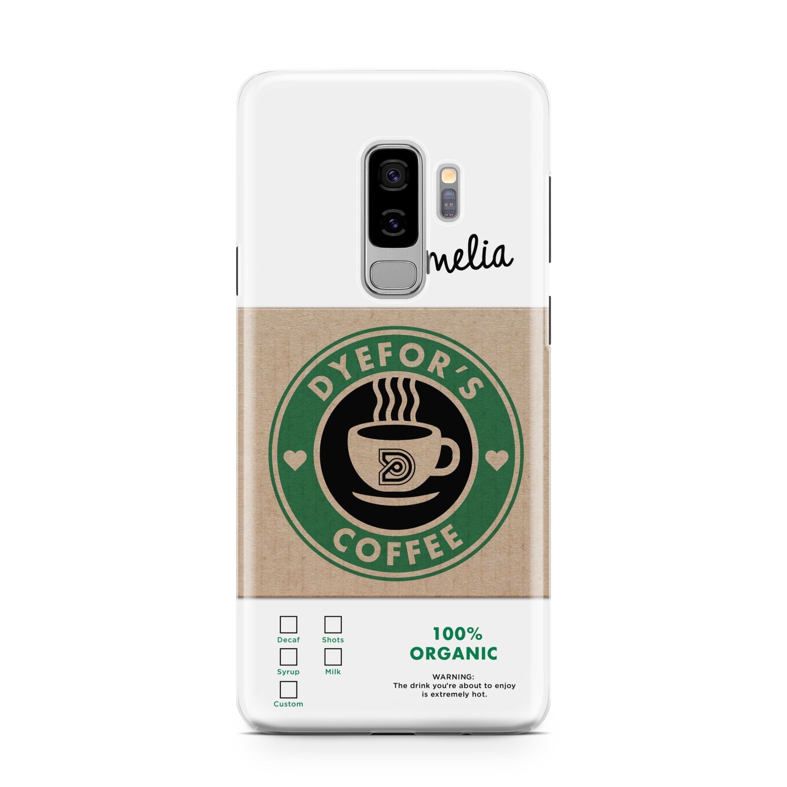 Coffee Cup Personalised Samsung Galaxy S9 Plus Case on Silver phone