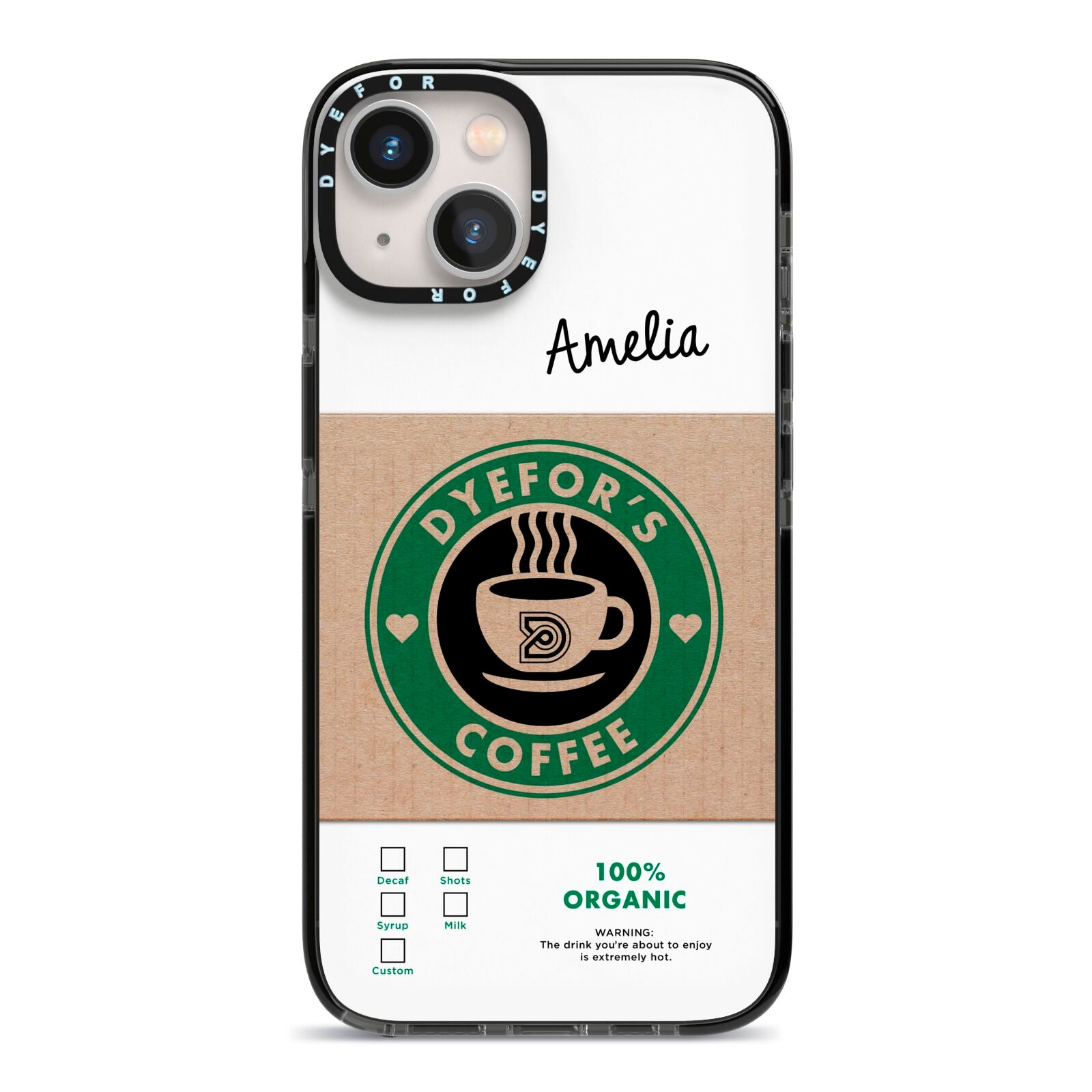 Coffee Cup Personalised iPhone 13 Black Impact Case on Silver phone