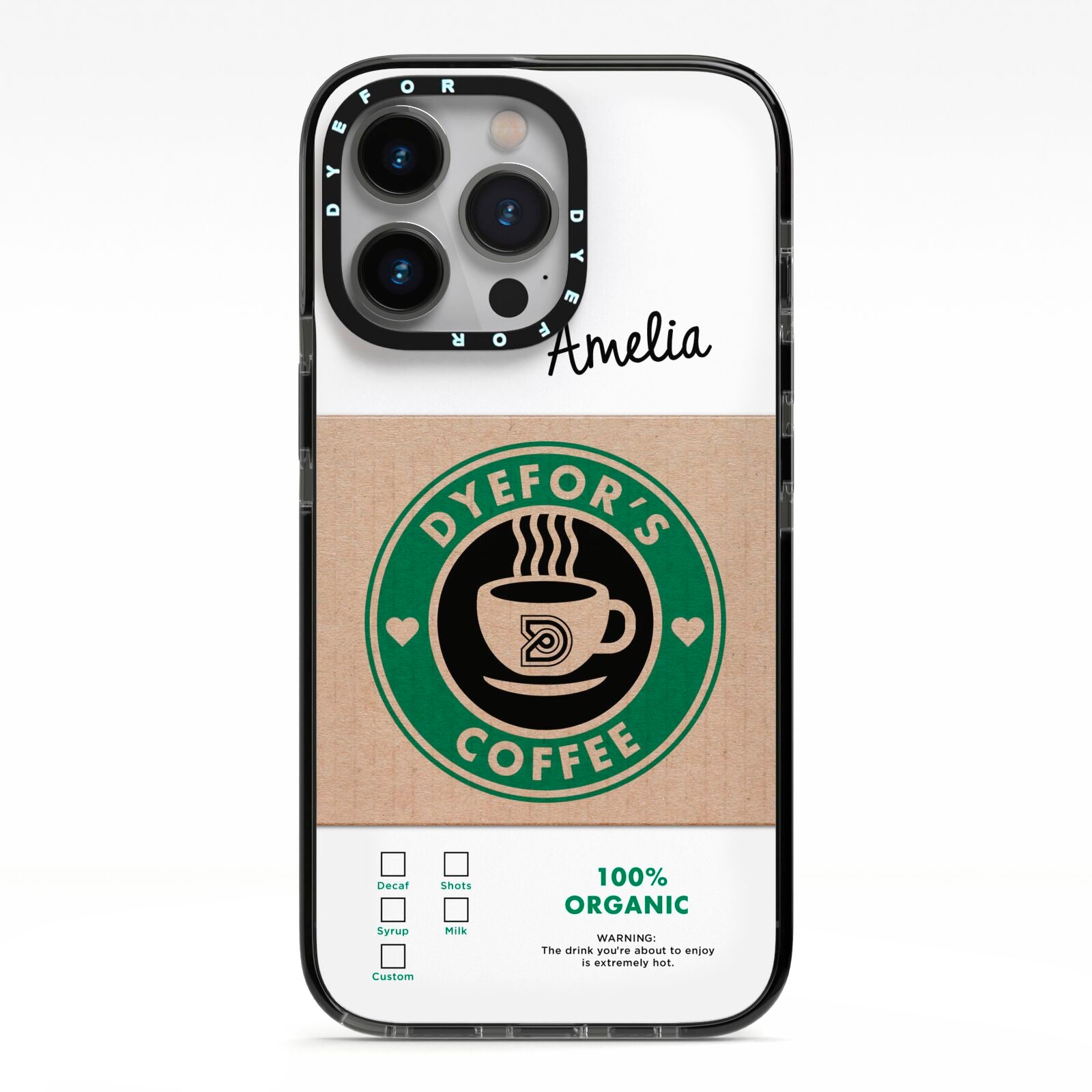 Coffee Cup Personalised iPhone 13 Pro Black Impact Case on Silver phone