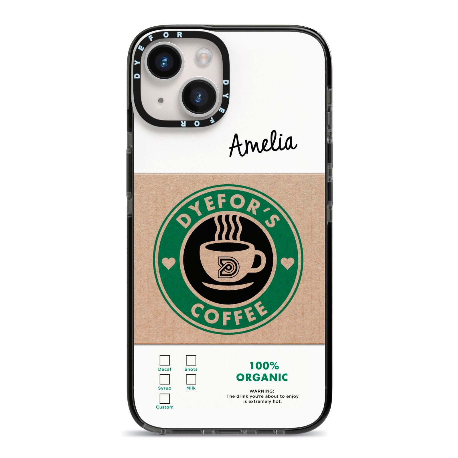 Coffee Cup Personalised iPhone 14 Black Impact Case on Silver phone