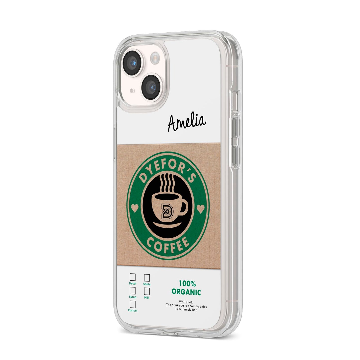 Coffee Cup Personalised iPhone 14 Clear Tough Case Starlight Angled Image