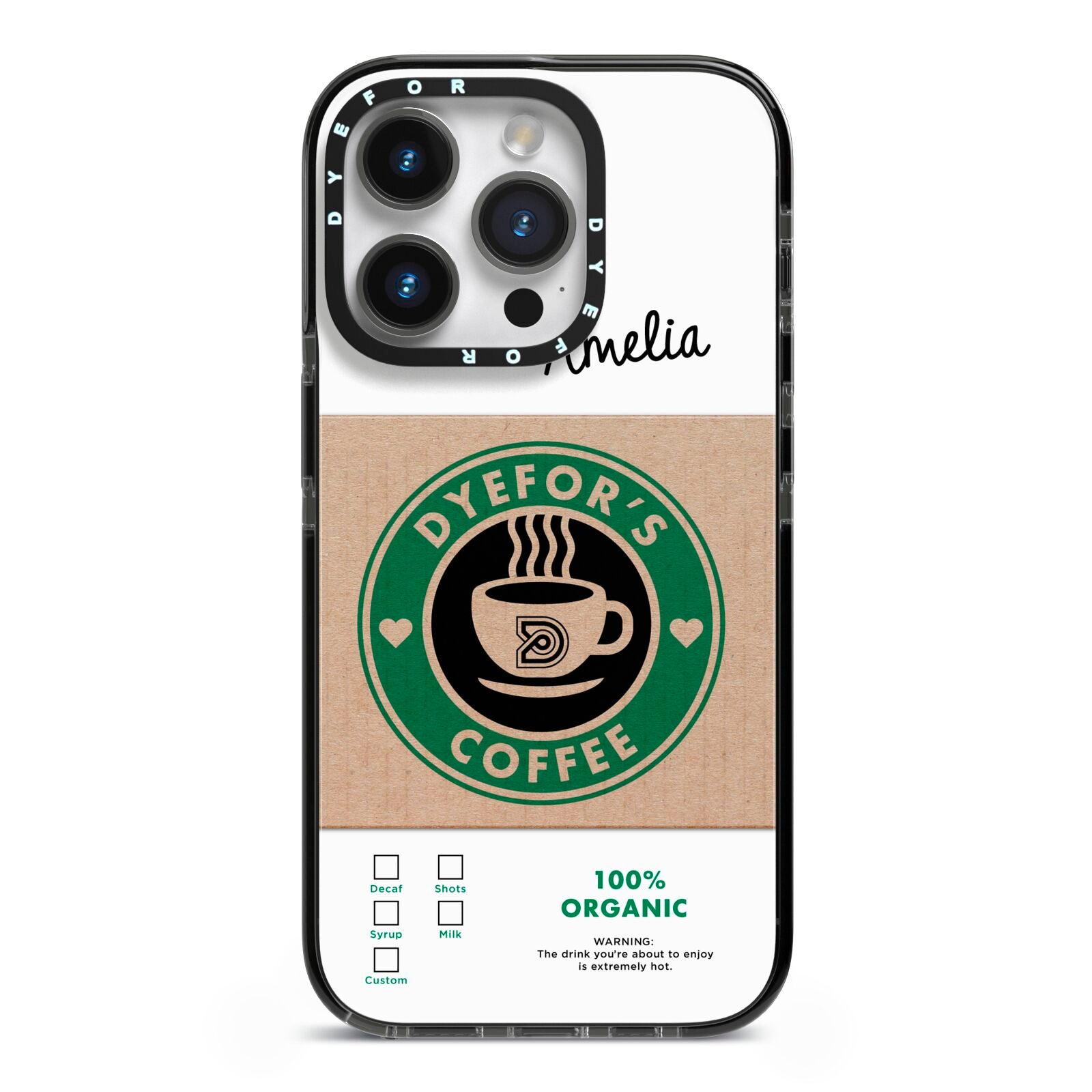 Coffee Cup Personalised iPhone 14 Pro Black Impact Case on Silver phone