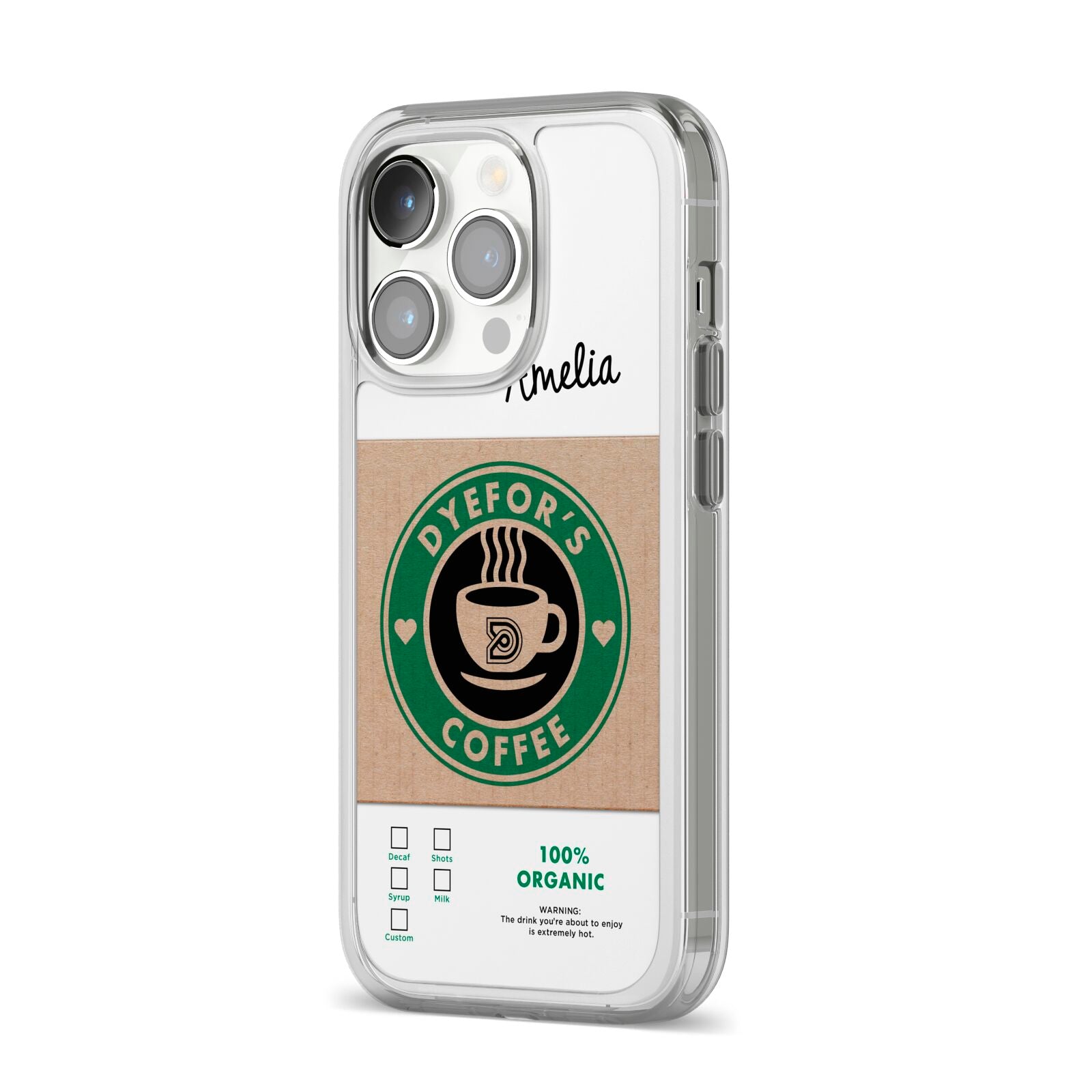 Coffee Cup Personalised iPhone 14 Pro Clear Tough Case Silver Angled Image