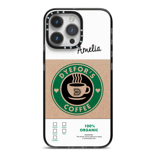 Coffee Cup Personalised iPhone 14 Pro Max Black Impact Case on Silver phone