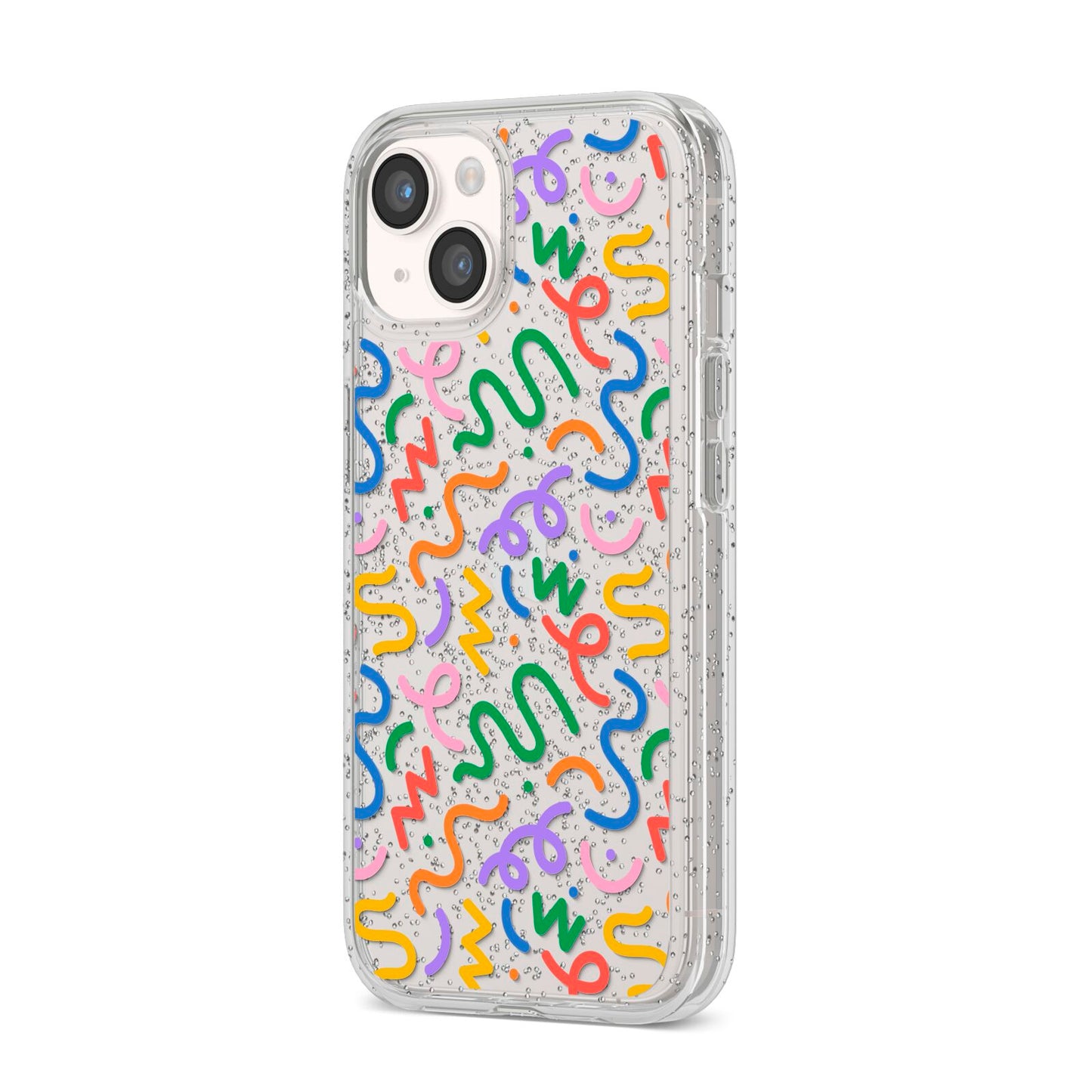 Colourful Doodle iPhone 14 Glitter Tough Case Starlight Angled Image