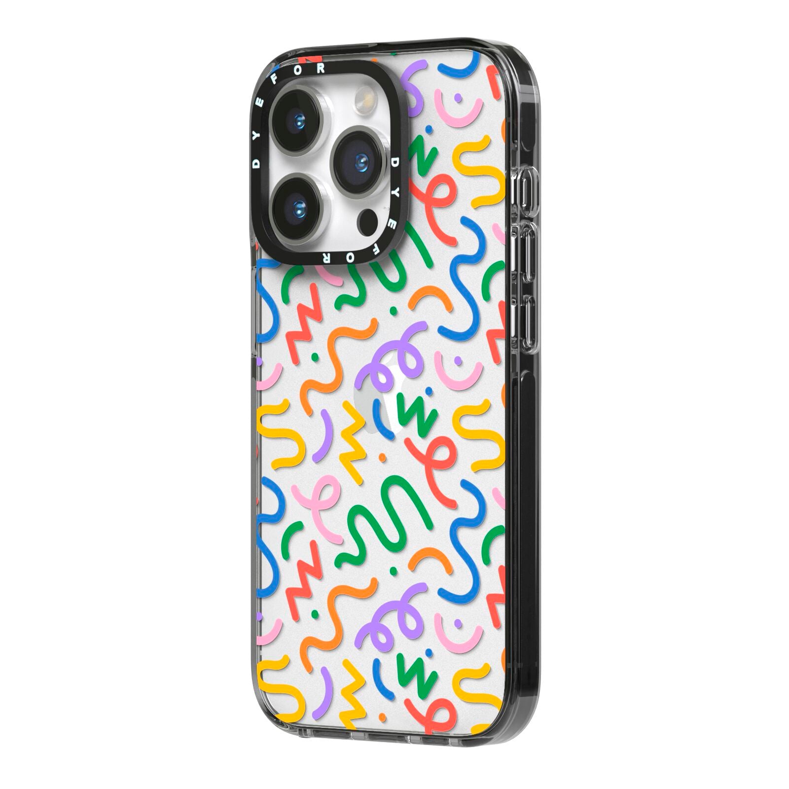 Colourful Doodle iPhone 14 Pro Black Impact Case Side Angle on Silver phone