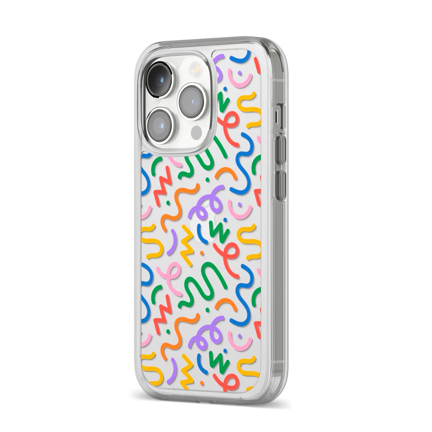 Colourful Doodle iPhone 14 Pro Clear Tough Case Silver Angled Image