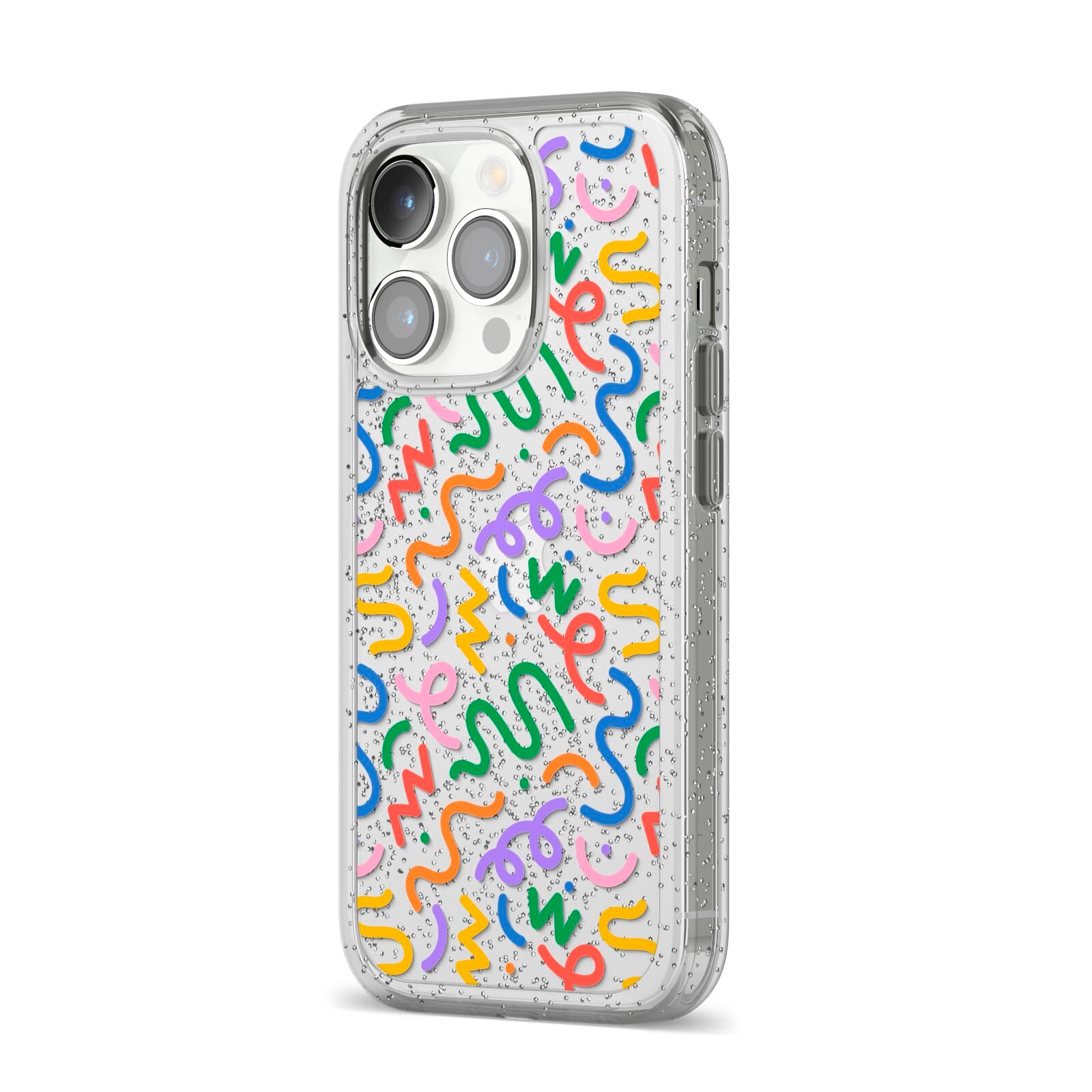 Colourful Doodle iPhone 14 Pro Glitter Tough Case Silver Angled Image