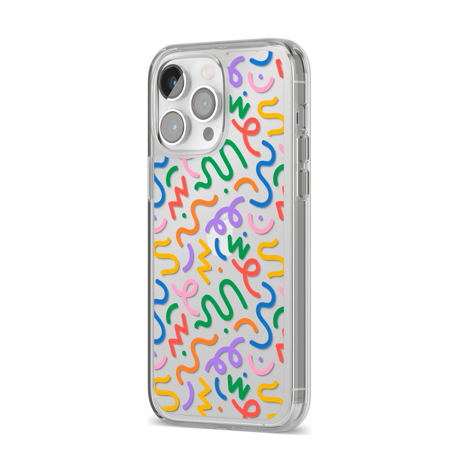 Colourful Doodle iPhone 14 Pro Max Clear Tough Case Silver Angled Image