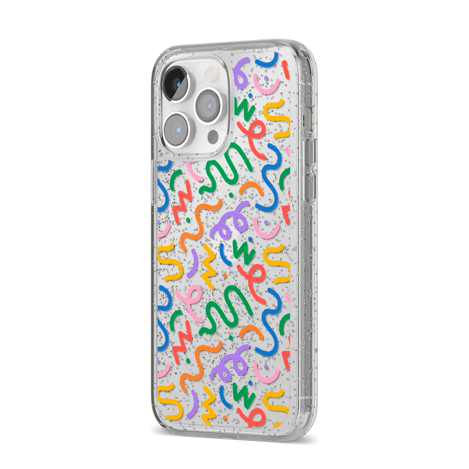 Colourful Doodle iPhone 14 Pro Max Glitter Tough Case Silver Angled Image