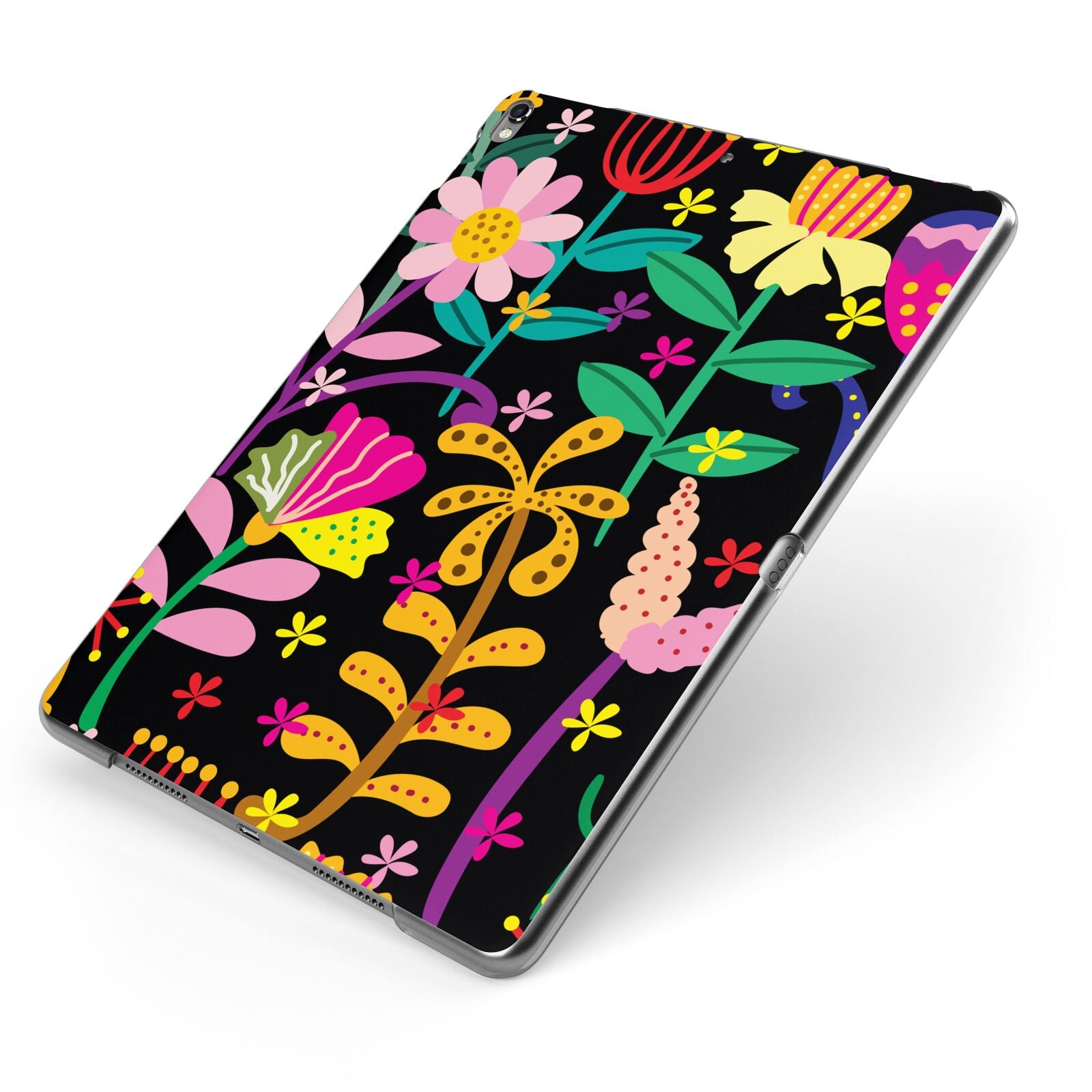 Colourful Flowery Apple iPad Case on Grey iPad Side View