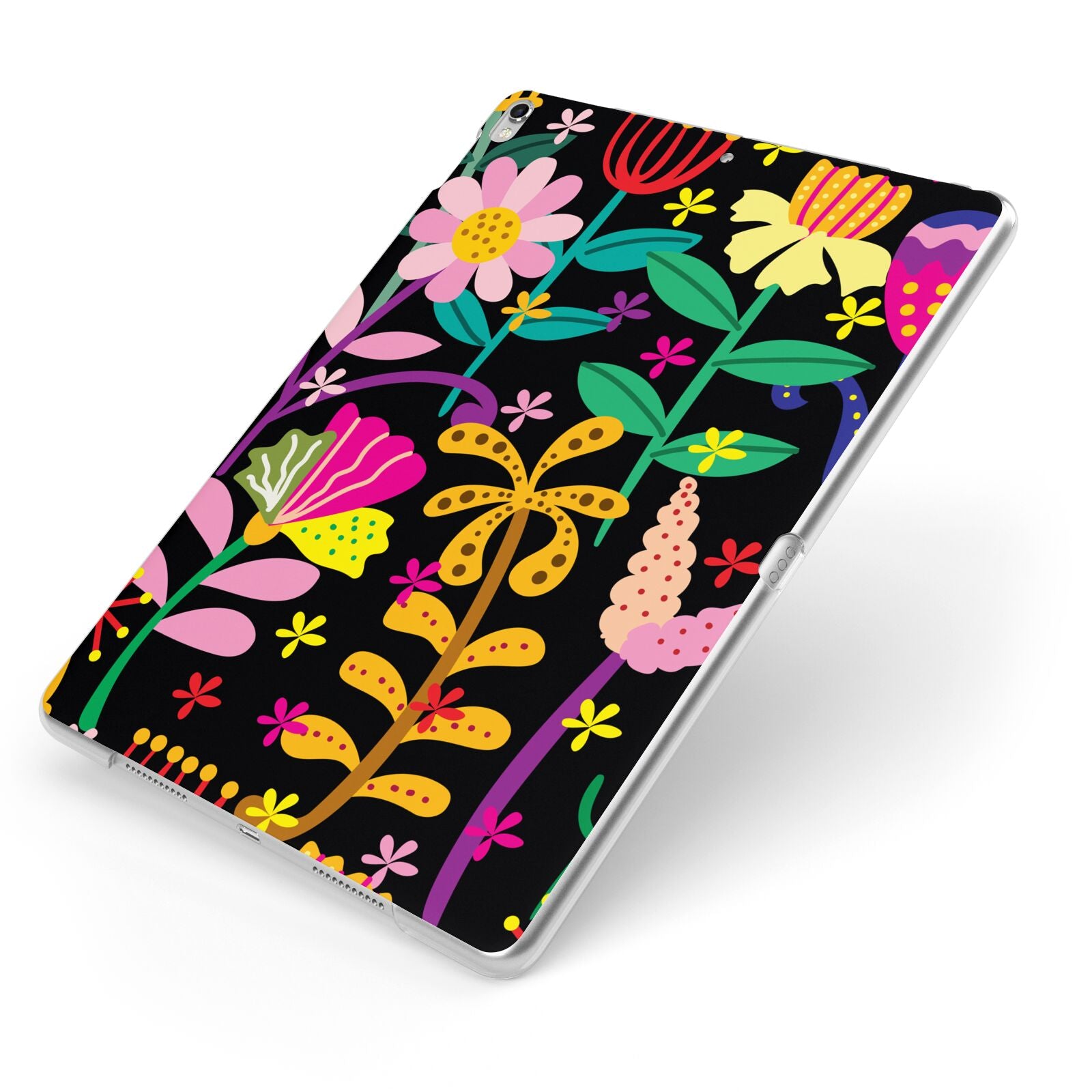 Colourful Flowery Apple iPad Case on Silver iPad Side View