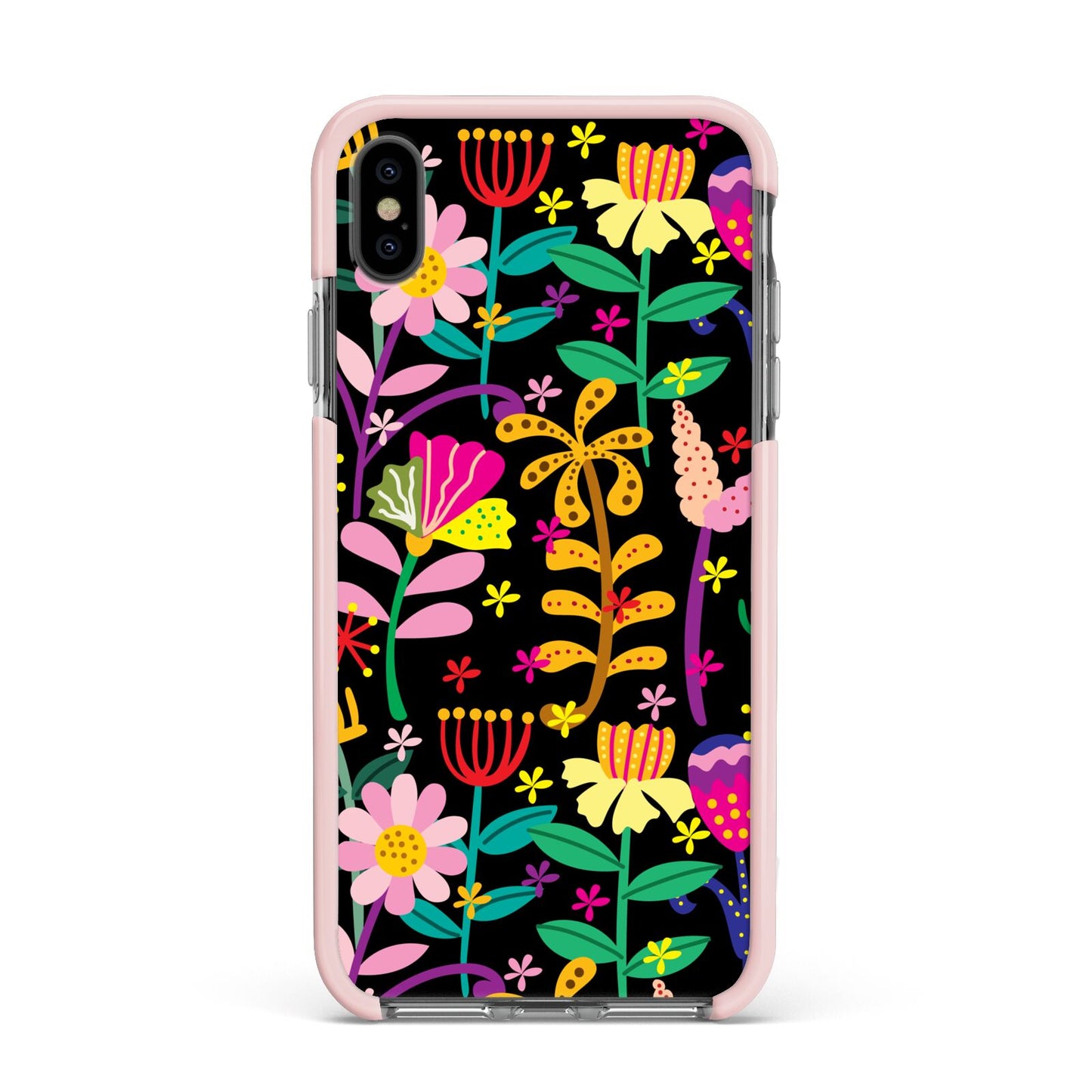 Colourful Flowery Apple iPhone Xs Max Impact Case Pink Edge on Black Phone