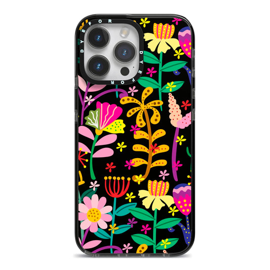 Colourful Flowery iPhone 14 Pro Max Black Impact Case on Silver phone