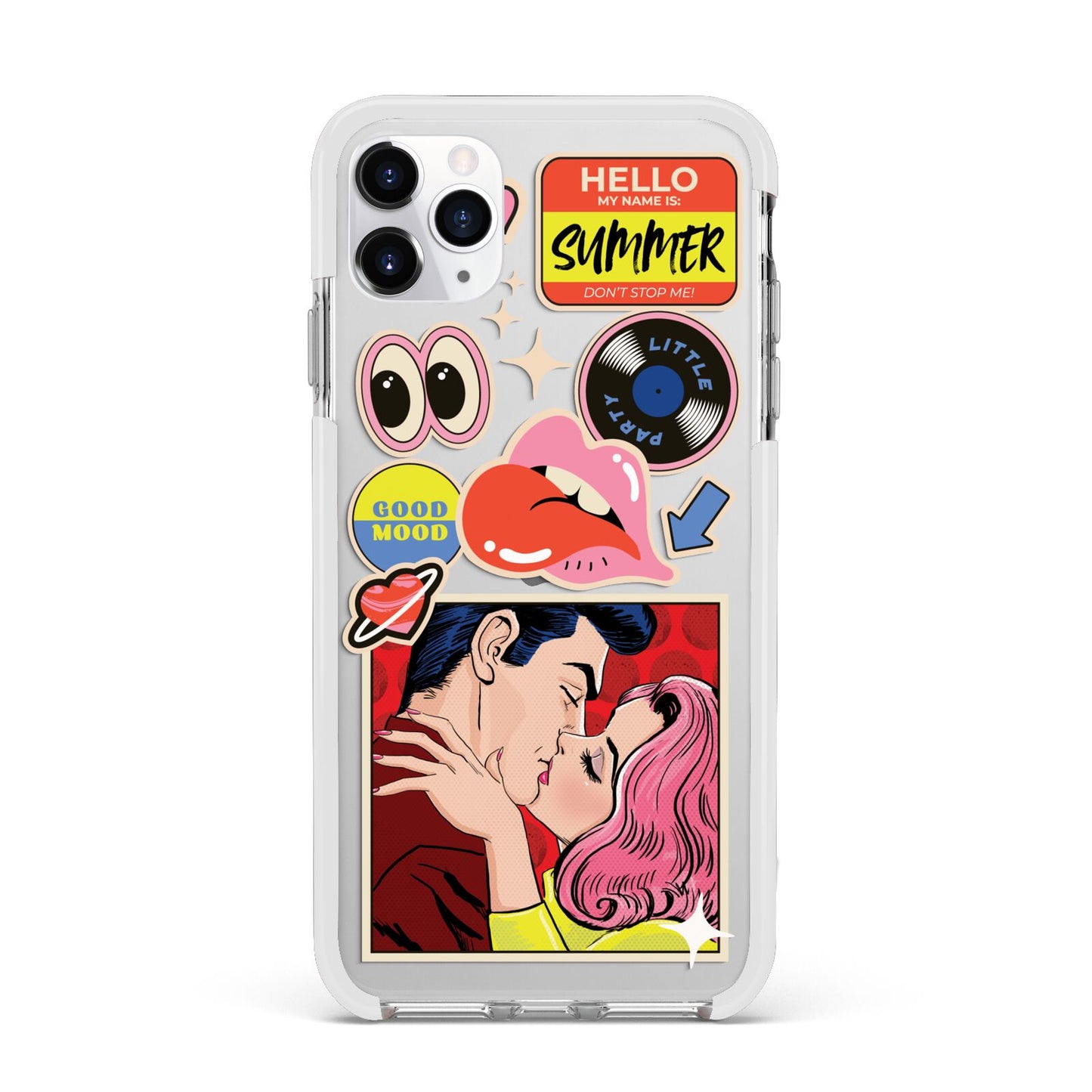 Comic Sticker Apple iPhone 11 Pro Max in Silver with White Impact Case