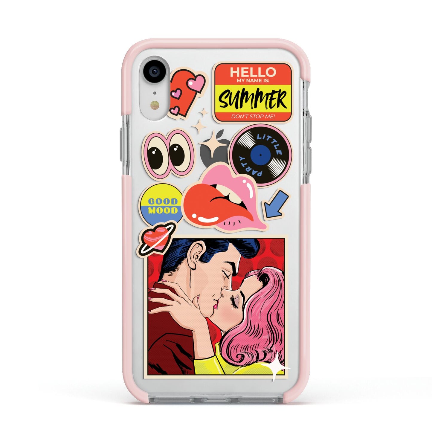 Comic Sticker Apple iPhone XR Impact Case Pink Edge on Silver Phone