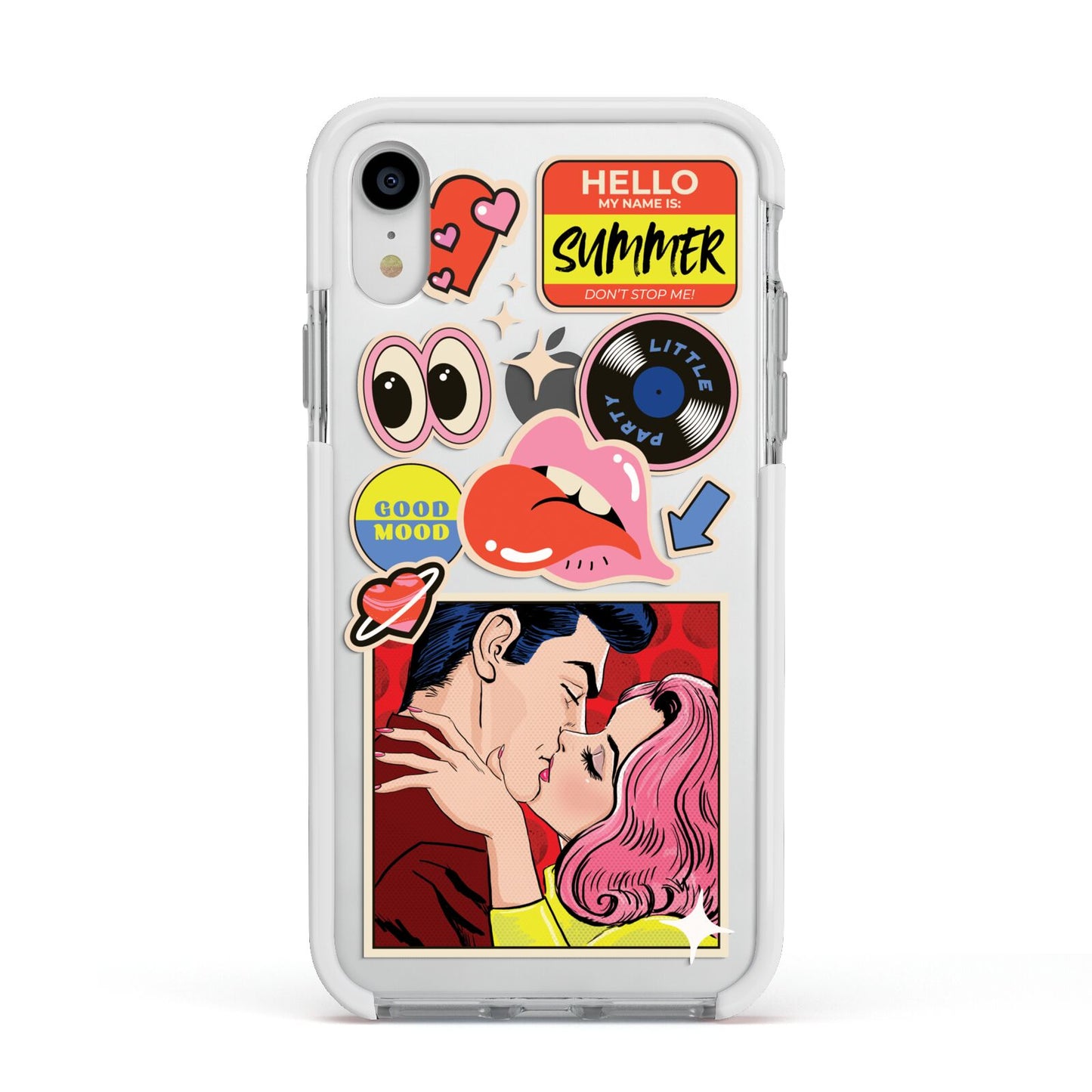 Comic Sticker Apple iPhone XR Impact Case White Edge on Silver Phone