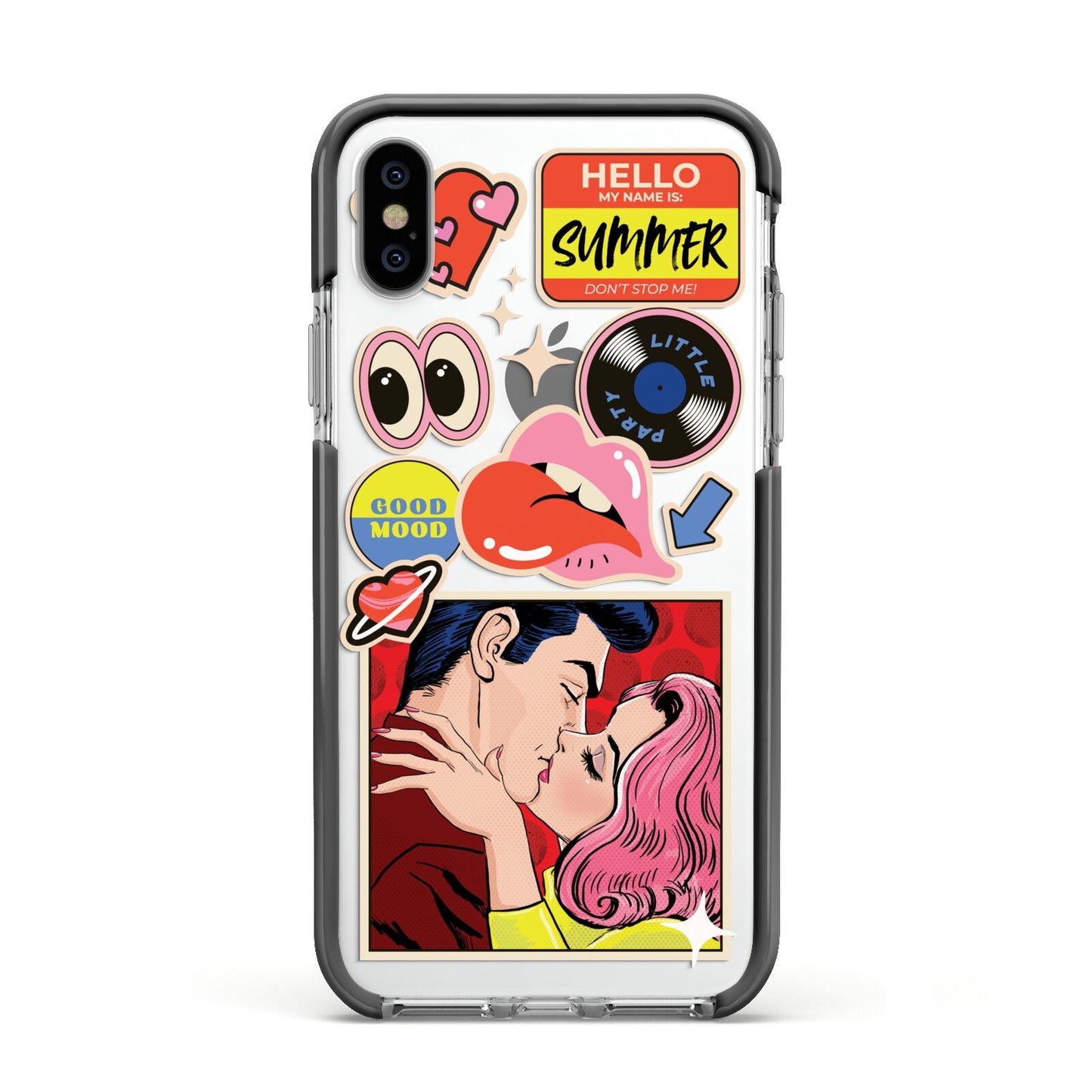 Comic Sticker Apple iPhone Xs Impact Case Black Edge on Silver Phone