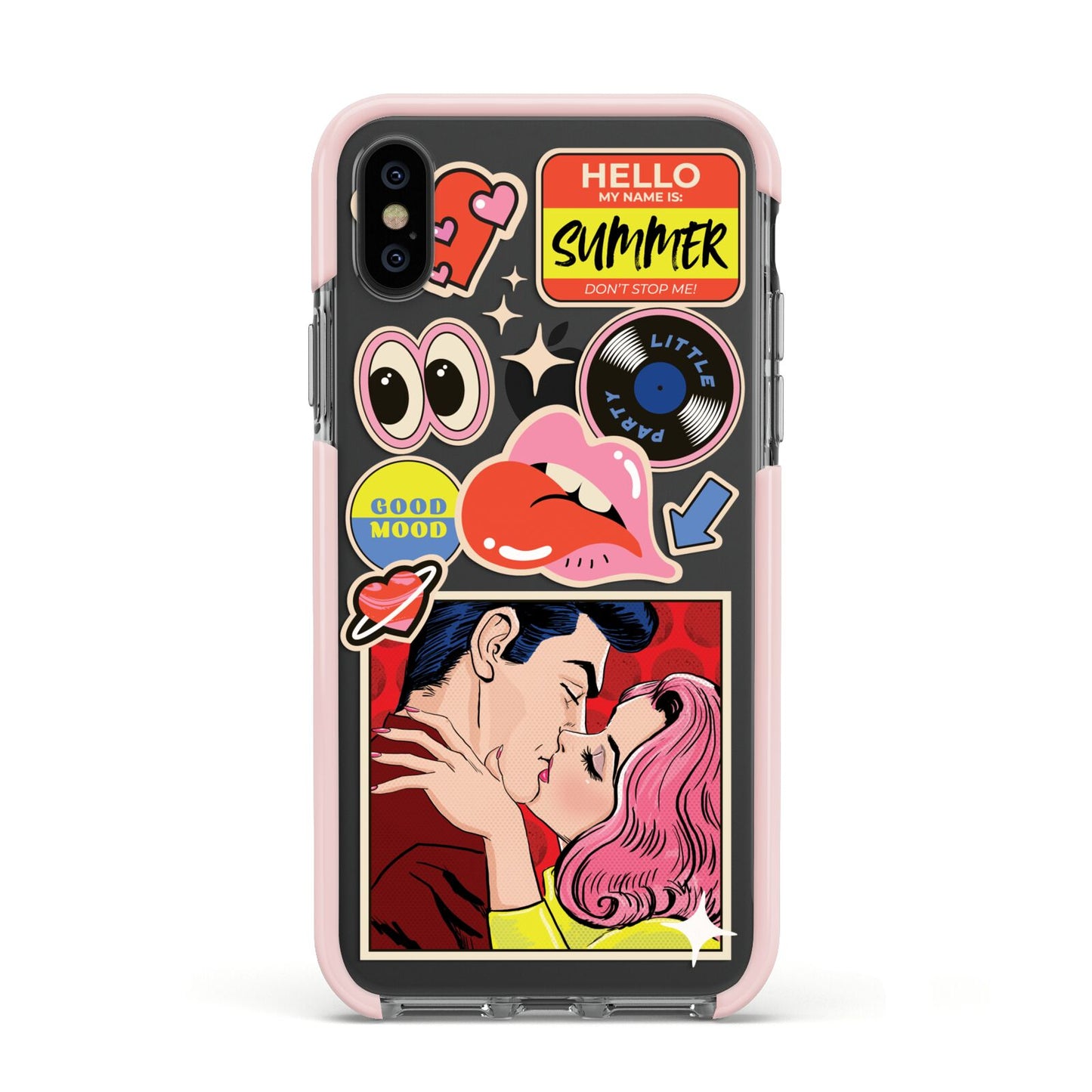 Comic Sticker Apple iPhone Xs Impact Case Pink Edge on Black Phone