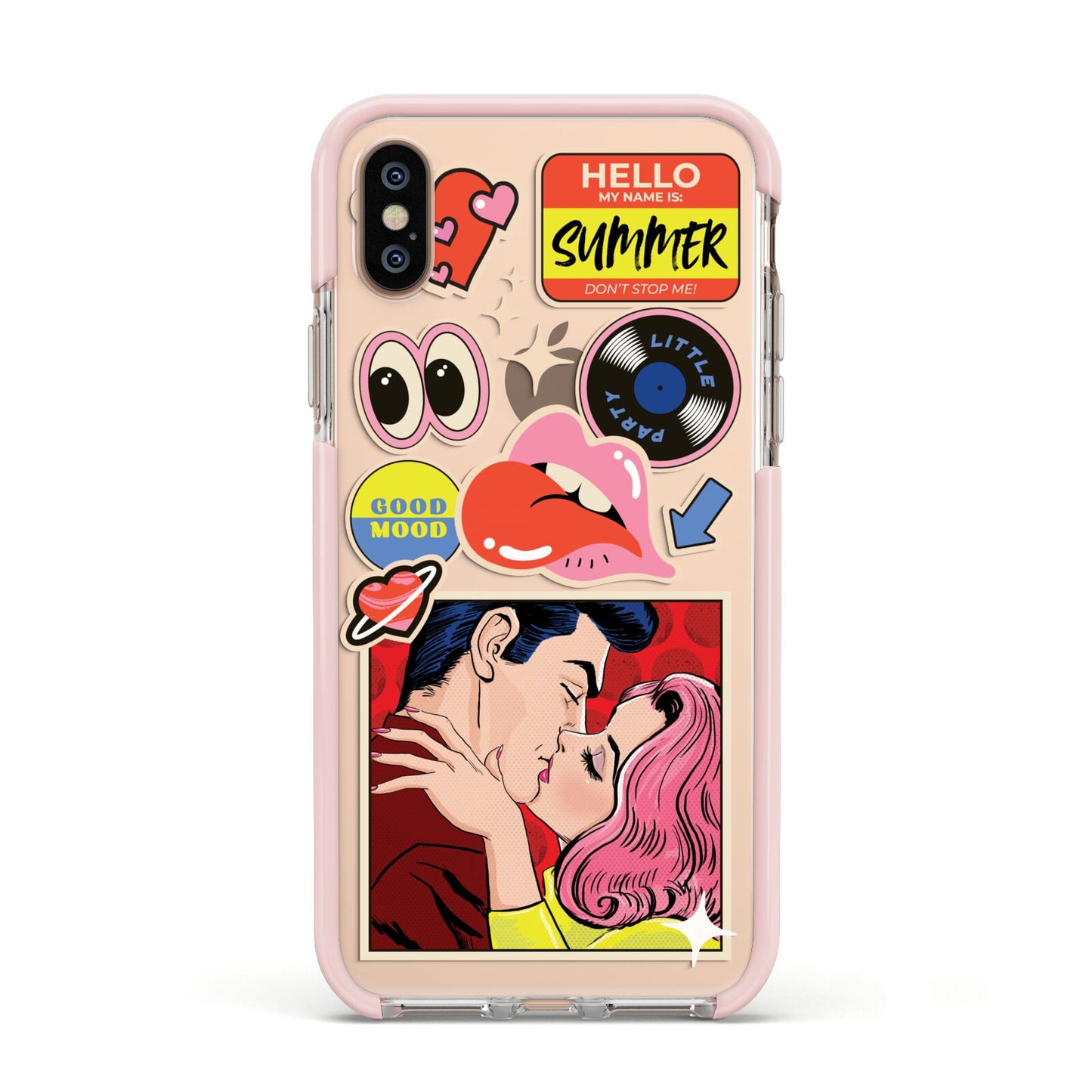 Comic Sticker Apple iPhone Xs Impact Case Pink Edge on Gold Phone