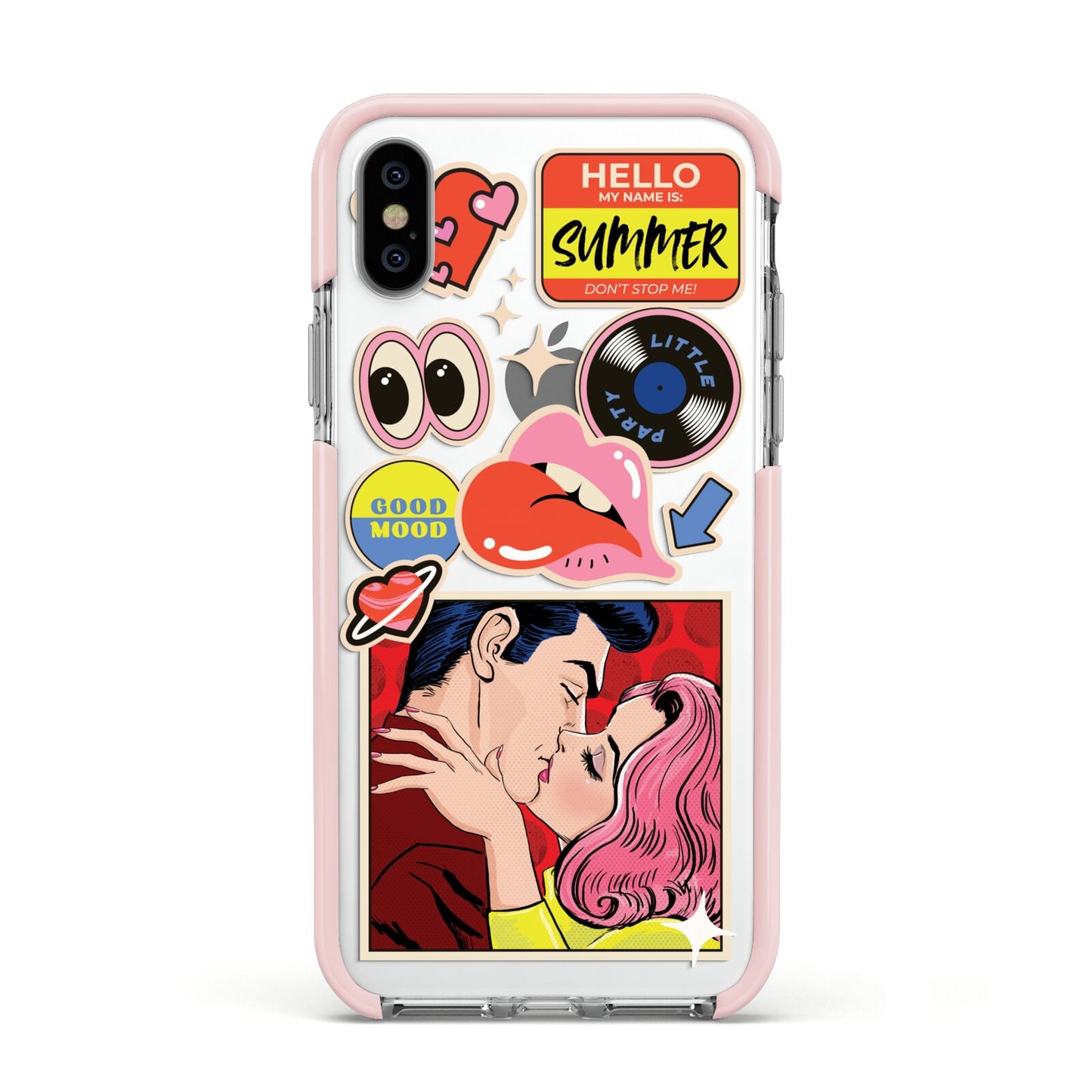 Comic Sticker Apple iPhone Xs Impact Case Pink Edge on Silver Phone