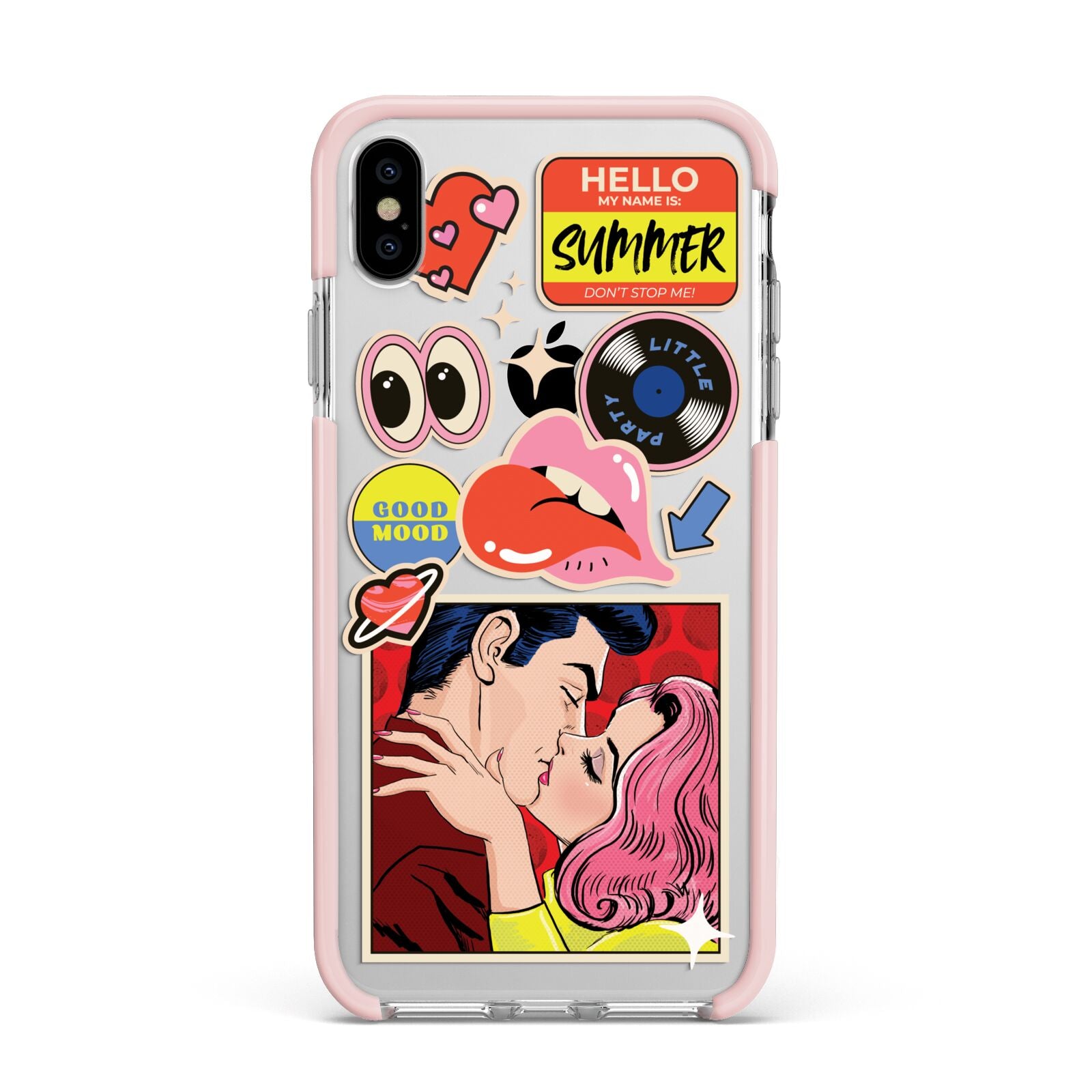 Comic Sticker Apple iPhone Xs Max Impact Case Pink Edge on Silver Phone