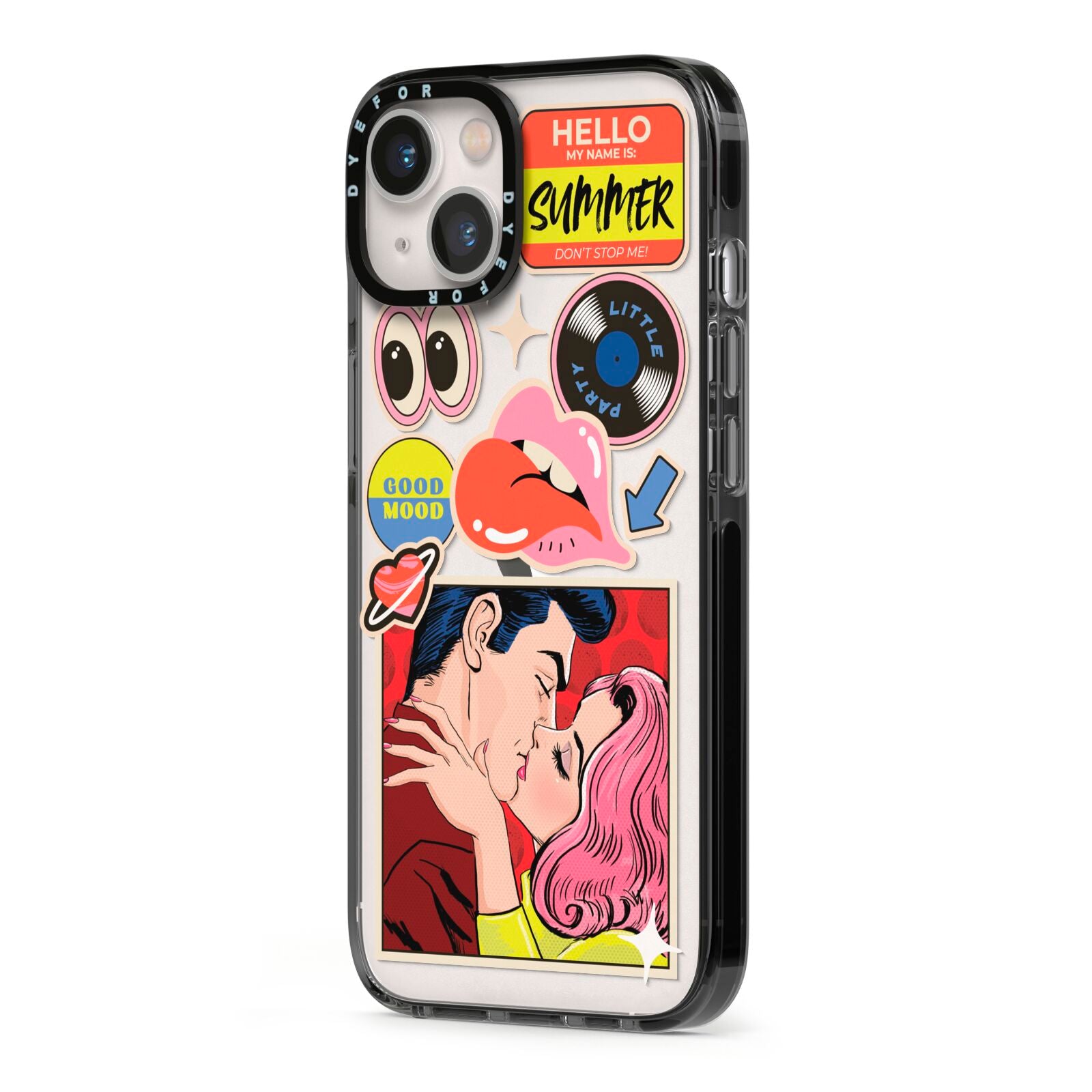 Comic Sticker iPhone 13 Black Impact Case Side Angle on Silver phone